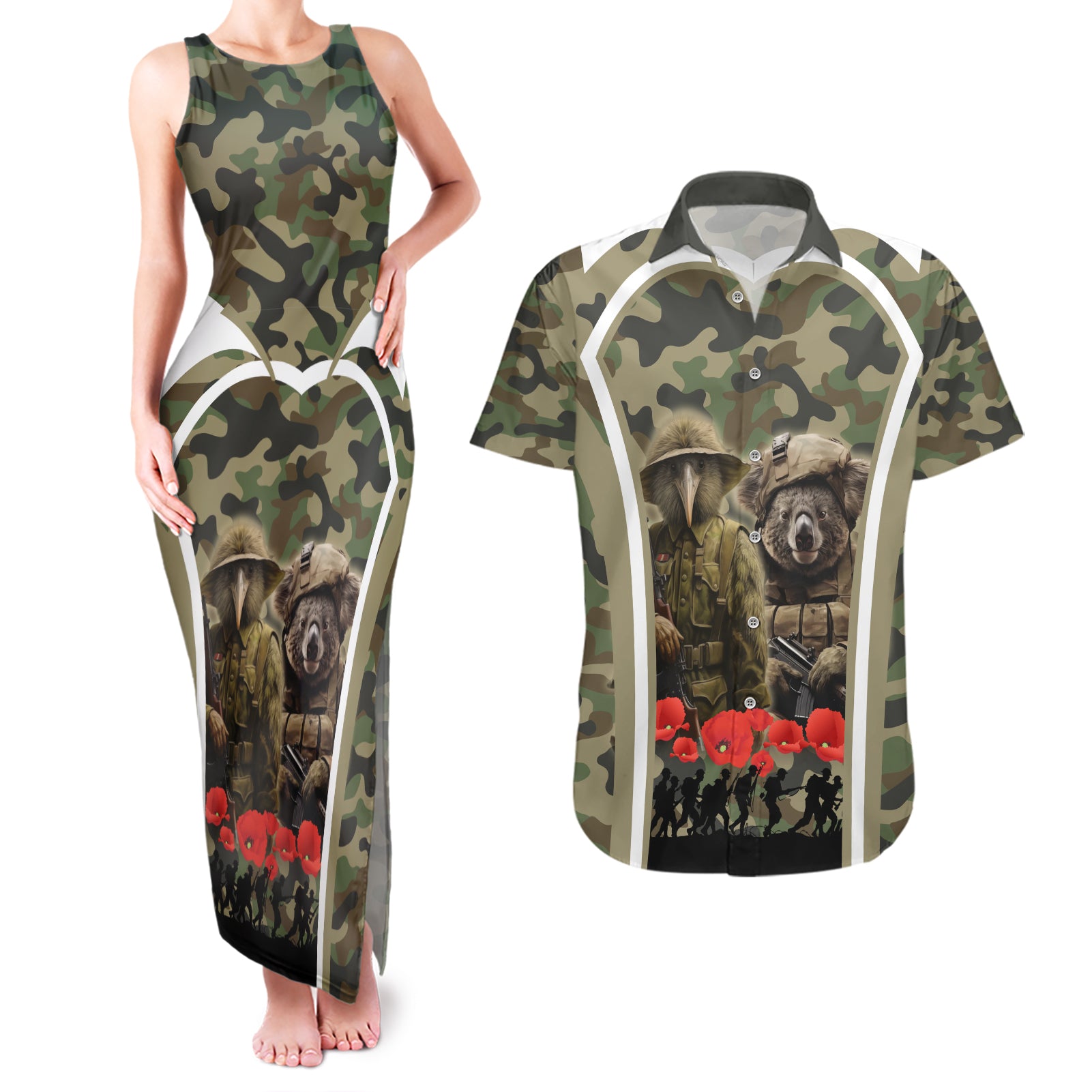 New Zealand and Australia ANZAC Day Couples Matching Tank Maxi Dress and Hawaiian Shirt Koala and Kiwi Bird Soldier Gallipoli Camouflage Style LT03 Green - Polynesian Pride