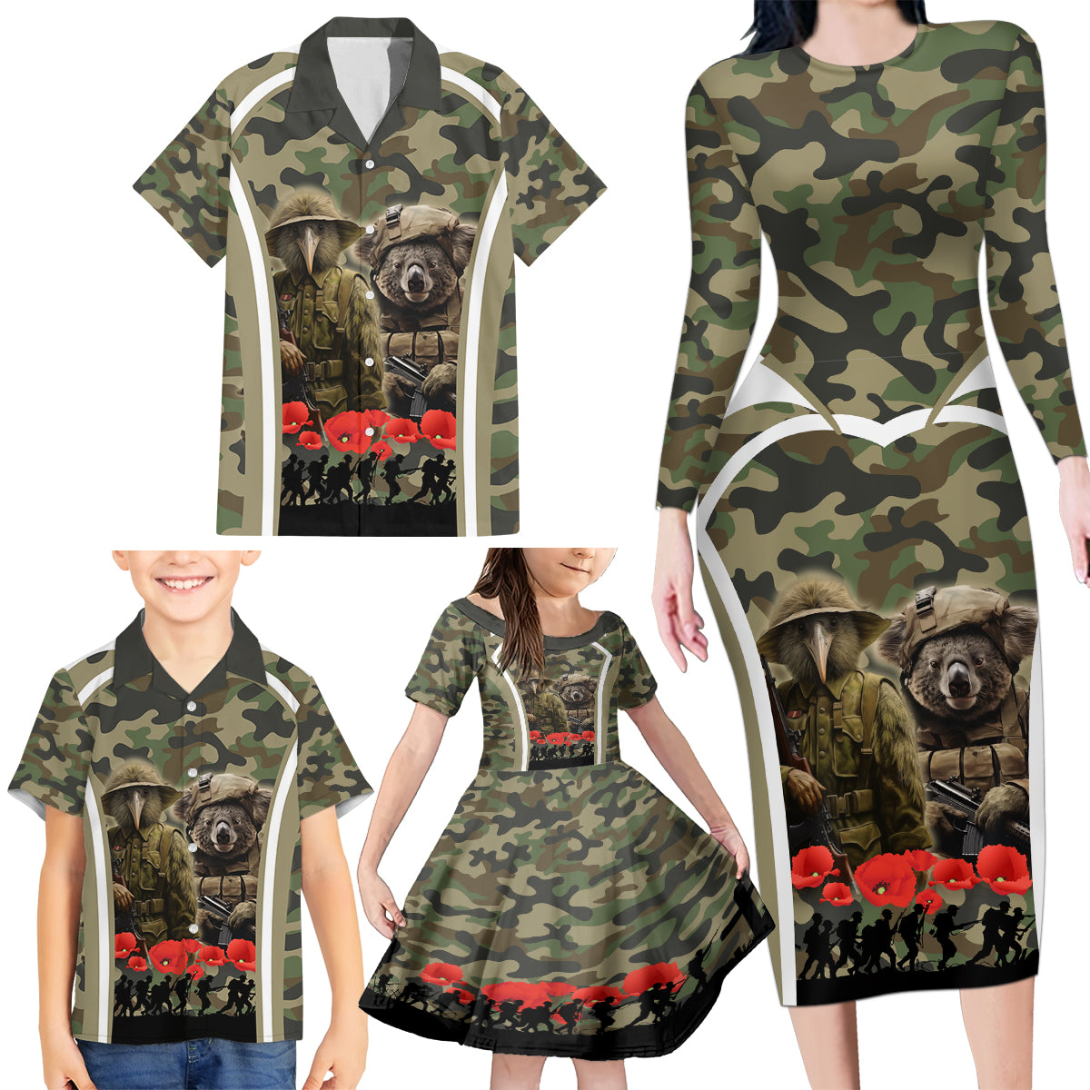 New Zealand and Australia ANZAC Day Family Matching Long Sleeve Bodycon Dress and Hawaiian Shirt Koala and Kiwi Bird Soldier Gallipoli Camouflage Style LT03 - Polynesian Pride