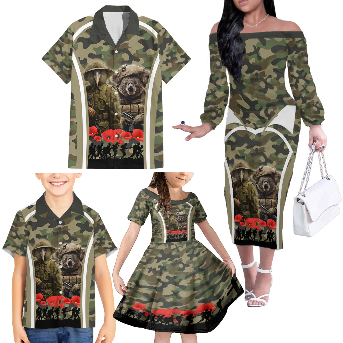 New Zealand and Australia ANZAC Day Family Matching Off Shoulder Long Sleeve Dress and Hawaiian Shirt Koala and Kiwi Bird Soldier Gallipoli Camouflage Style LT03 - Polynesian Pride