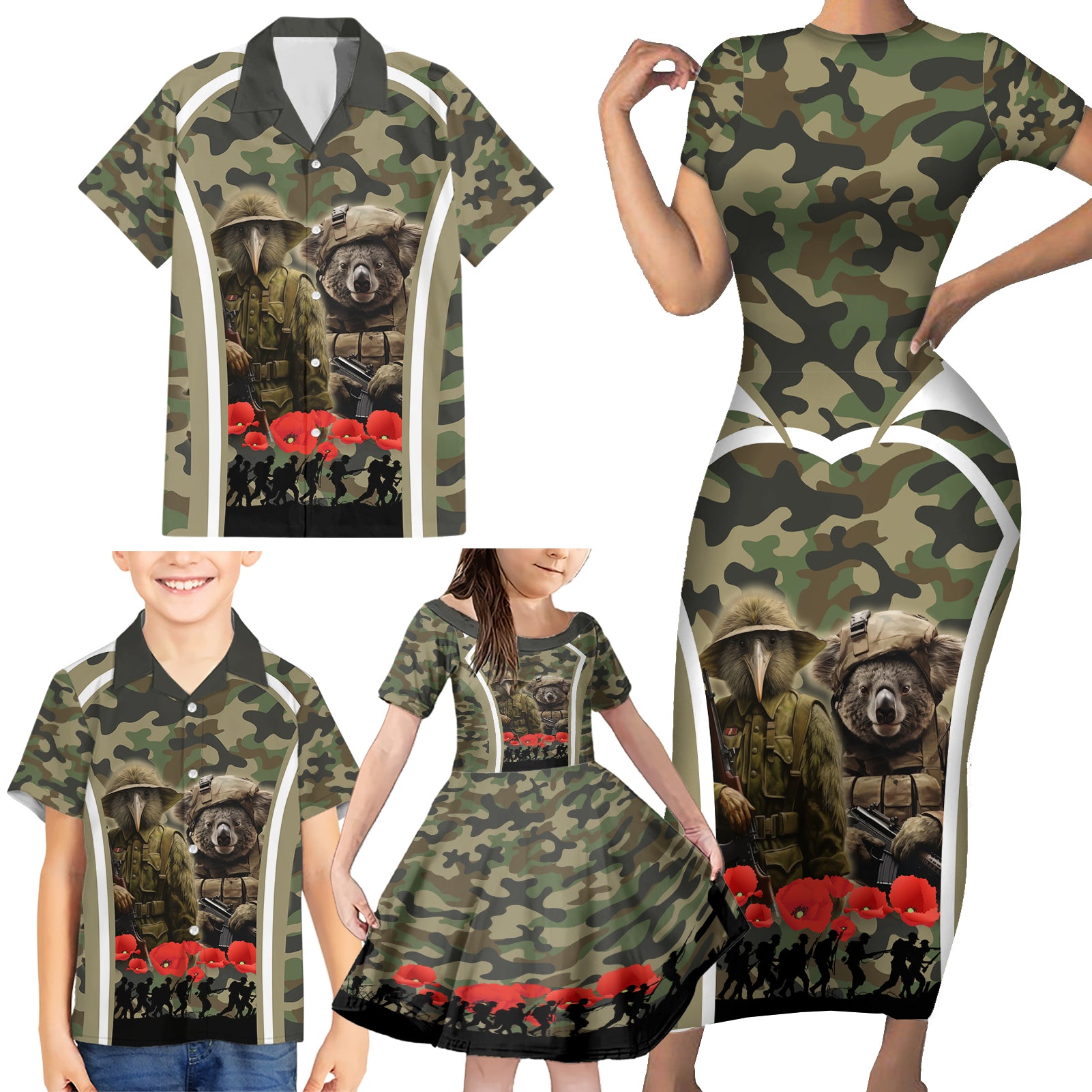 New Zealand and Australia ANZAC Day Family Matching Short Sleeve Bodycon Dress and Hawaiian Shirt Koala and Kiwi Bird Soldier Gallipoli Camouflage Style LT03 - Polynesian Pride