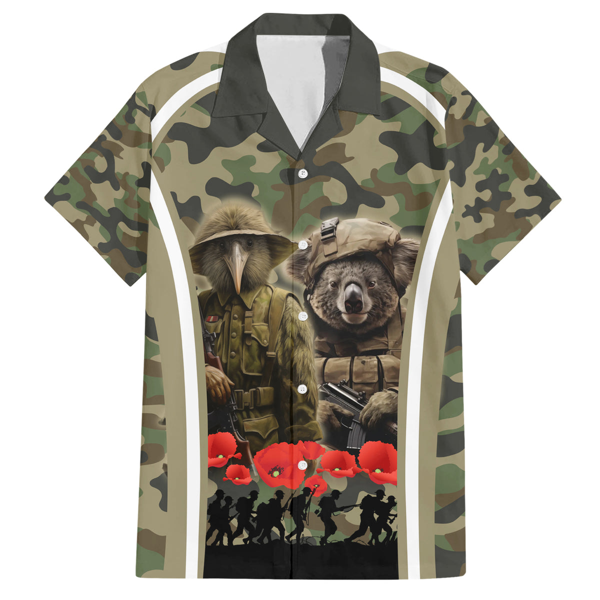 New Zealand and Australia ANZAC Day Family Matching Short Sleeve Bodycon Dress and Hawaiian Shirt Koala and Kiwi Bird Soldier Gallipoli Camouflage Style LT03 Dad's Shirt - Short Sleeve Green - Polynesian Pride