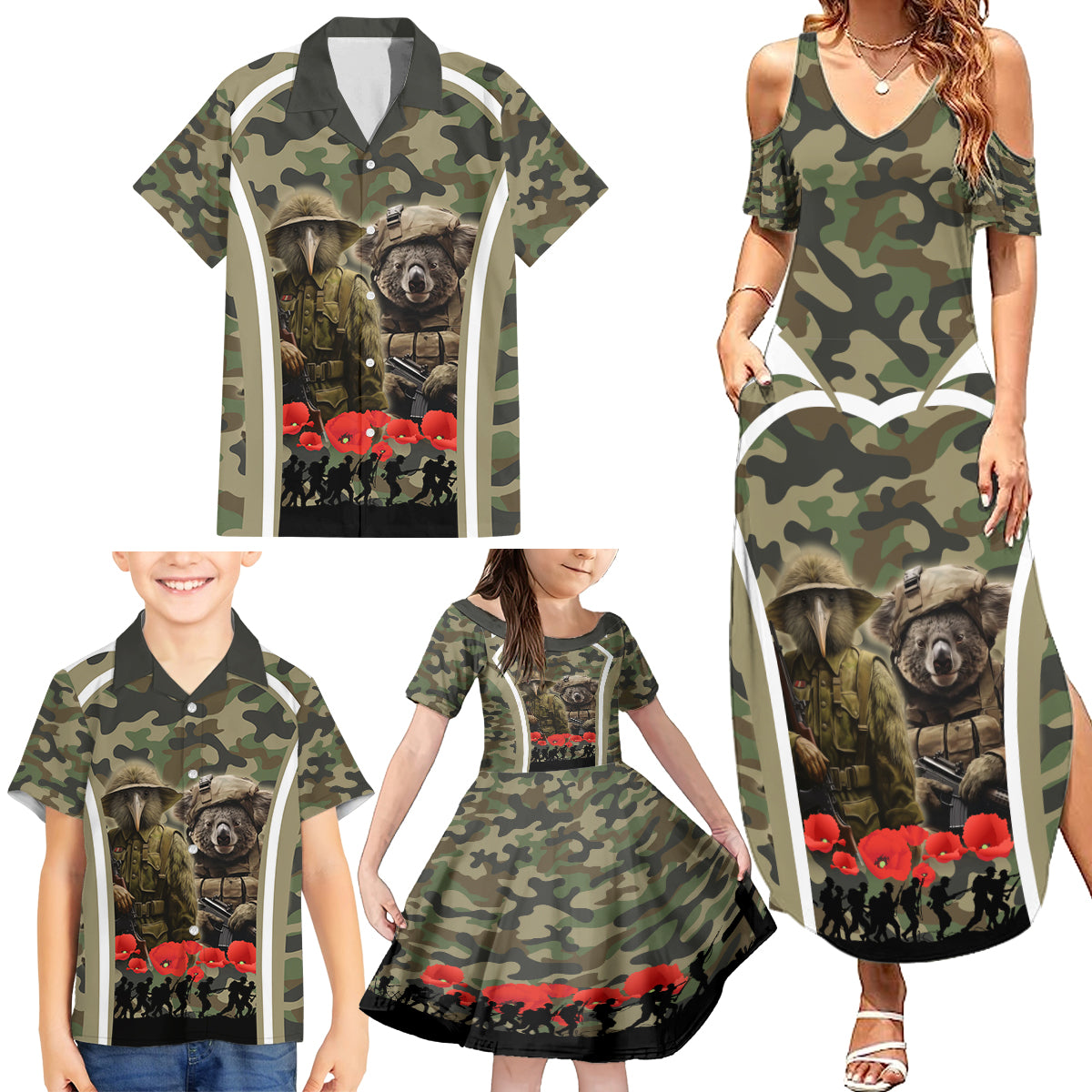 New Zealand and Australia ANZAC Day Family Matching Summer Maxi Dress and Hawaiian Shirt Koala and Kiwi Bird Soldier Gallipoli Camouflage Style LT03 - Polynesian Pride