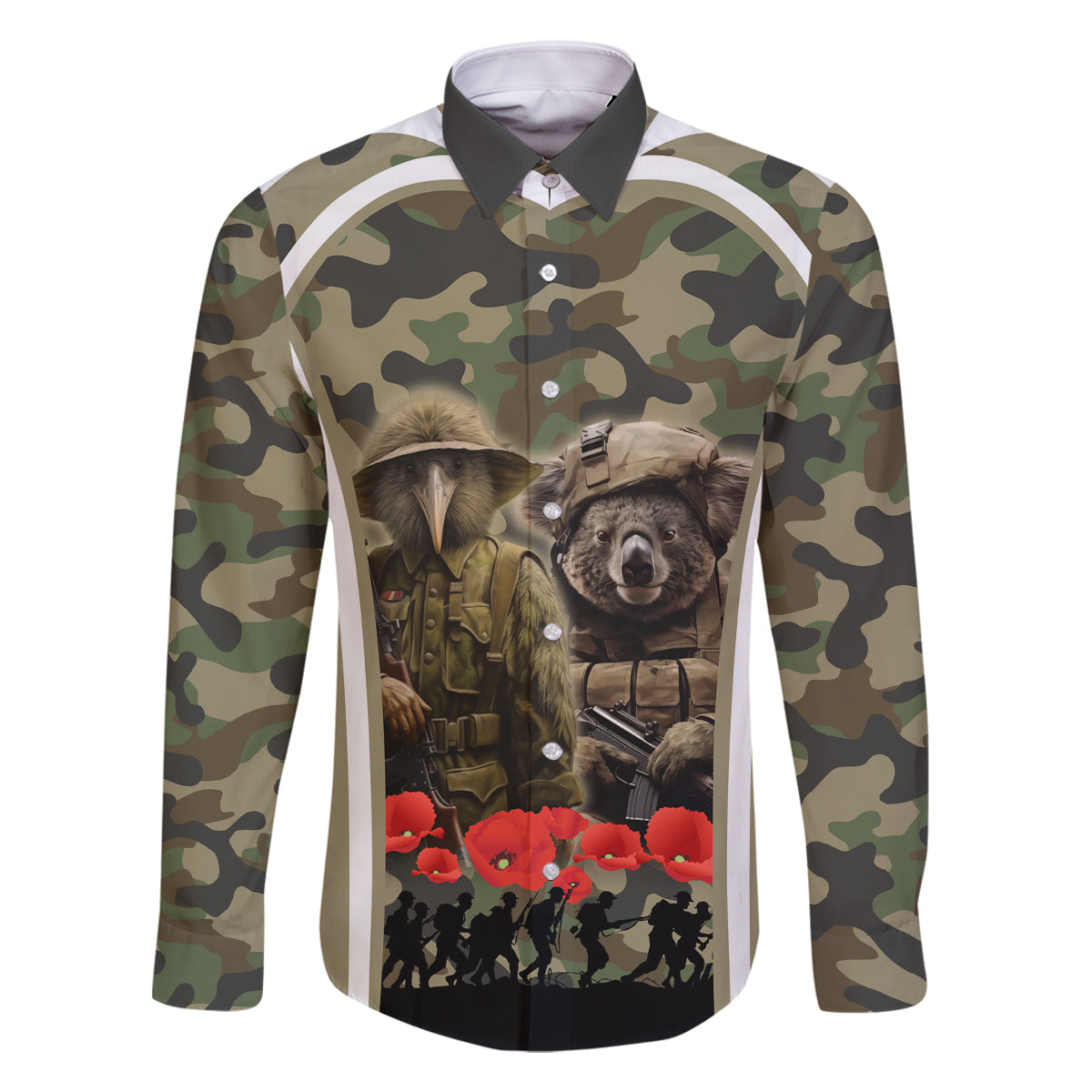 New Zealand and Australia ANZAC Day Family Matching Summer Maxi Dress and Hawaiian Shirt Koala and Kiwi Bird Soldier Gallipoli Camouflage Style LT03 Dad's Shirt - Long Sleeve Green - Polynesian Pride