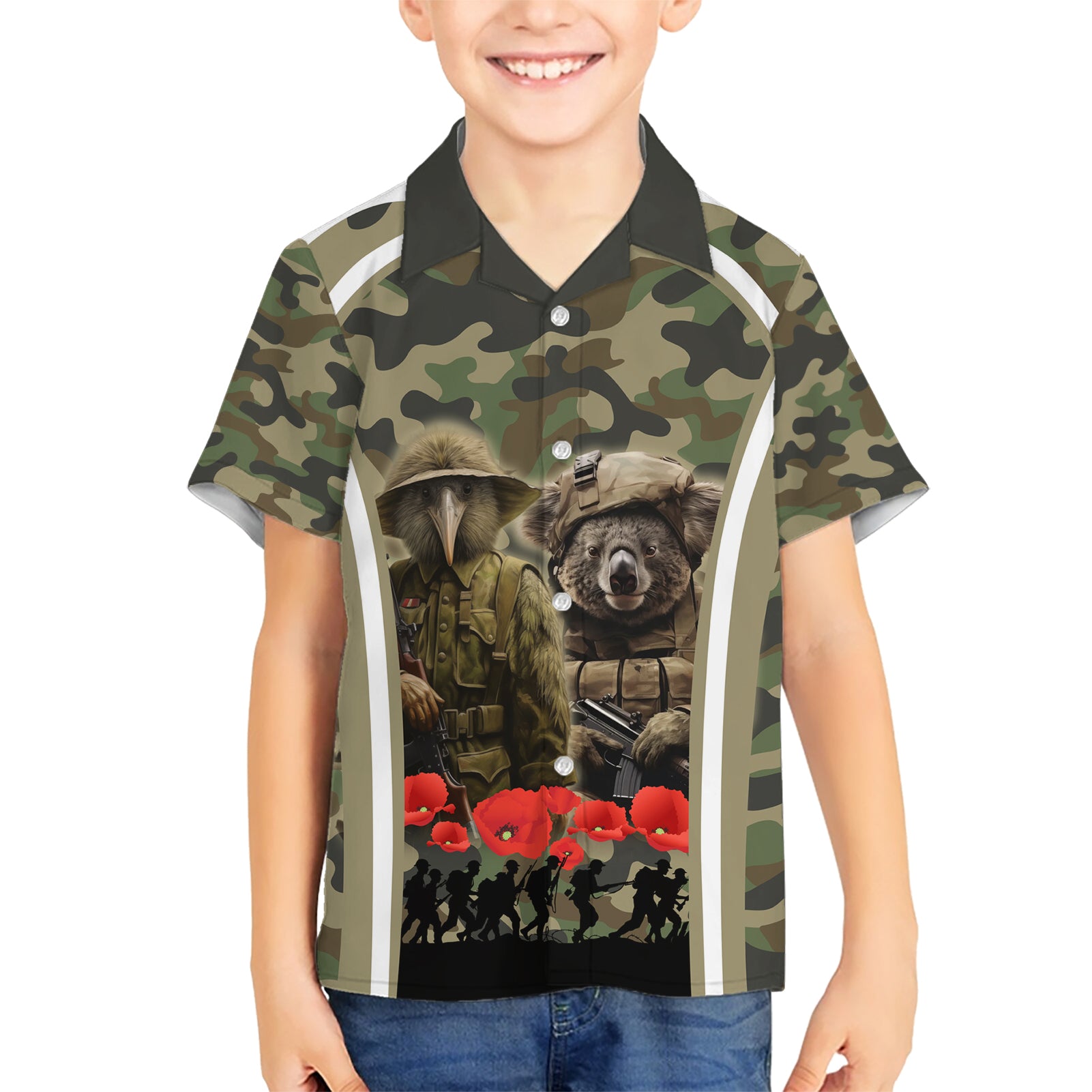 New Zealand and Australia ANZAC Day Kid Hawaiian Shirt Koala and Kiwi Bird Soldier Gallipoli Camouflage Style LT03 Kid Green - Polynesian Pride