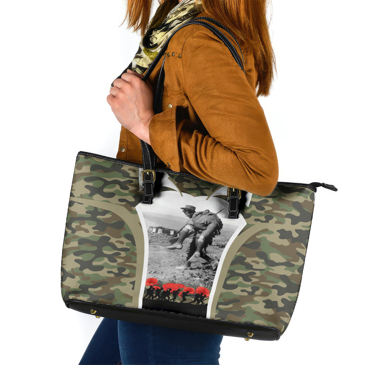 New Zealand and Australia ANZAC Day Leather Tote Bag Koala and Kiwi Bird Soldier Gallipoli Camouflage Style LT03 Green - Polynesian Pride