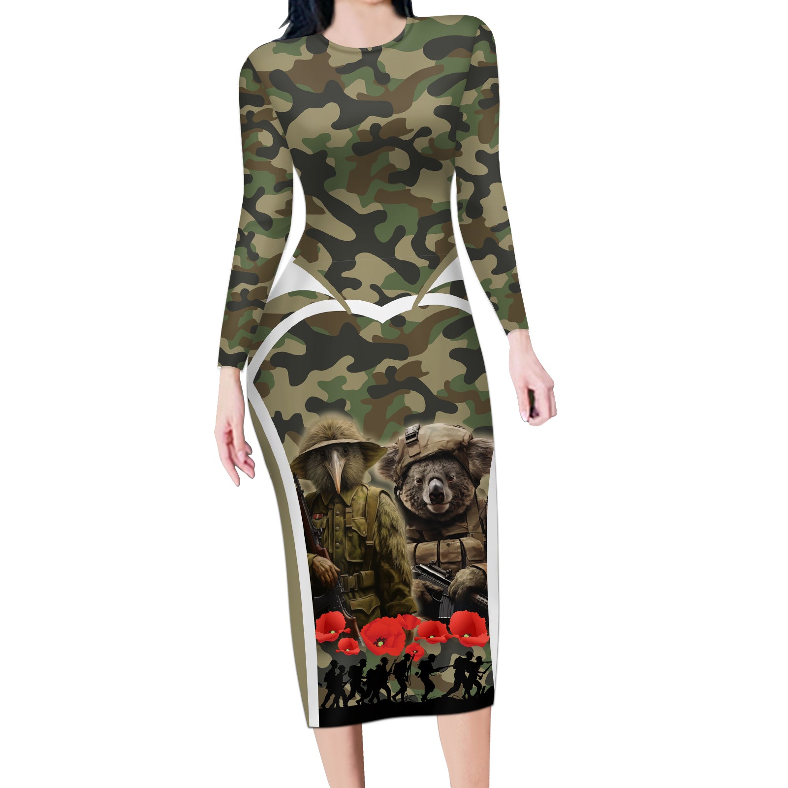 New Zealand and Australia ANZAC Day Long Sleeve Bodycon Dress Koala and Kiwi Bird Soldier Gallipoli Camouflage Style LT03 Long Dress Green - Polynesian Pride