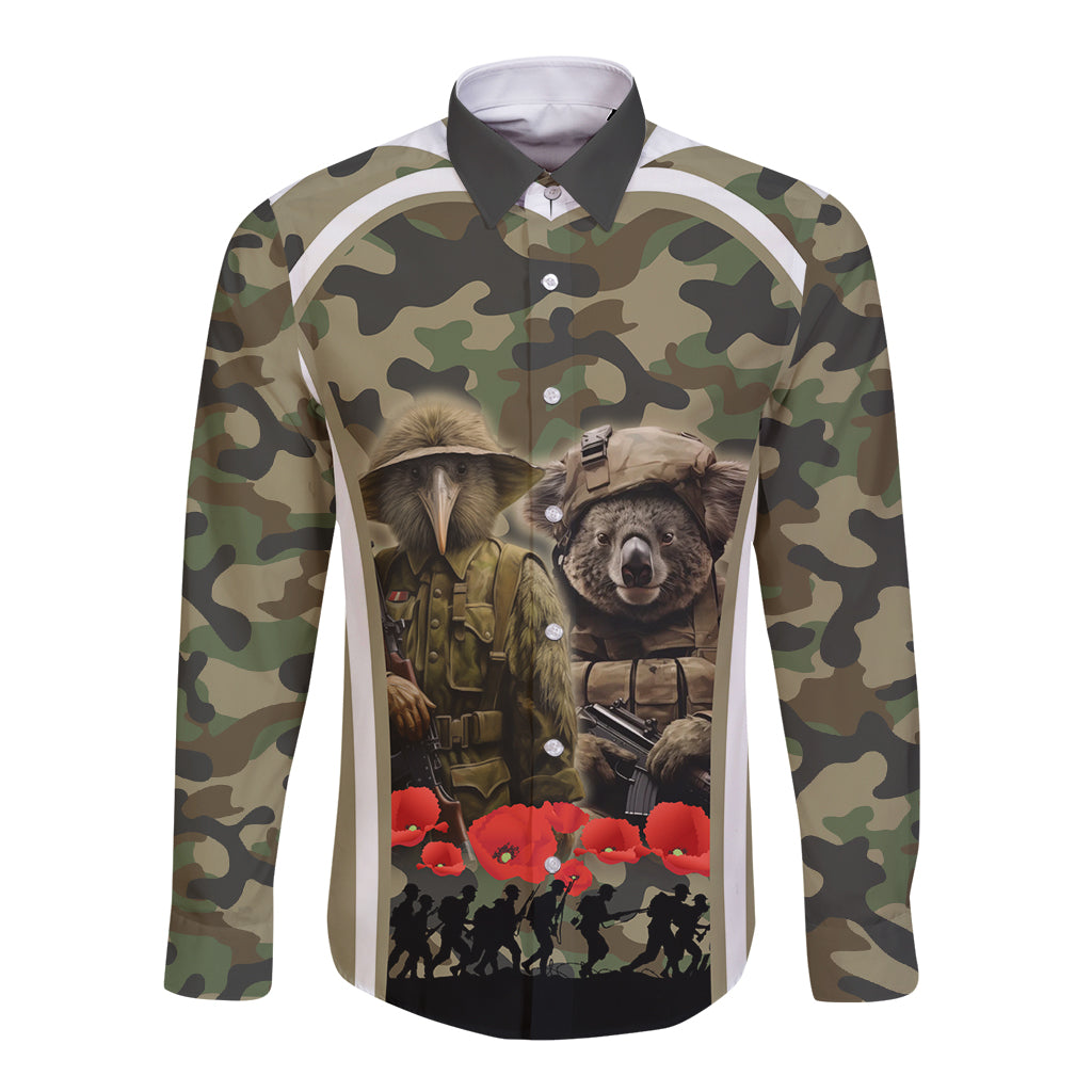 New Zealand and Australia ANZAC Day Long Sleeve Button Shirt Koala and Kiwi Bird Soldier Gallipoli Camouflage Style LT03 Unisex Green - Polynesian Pride