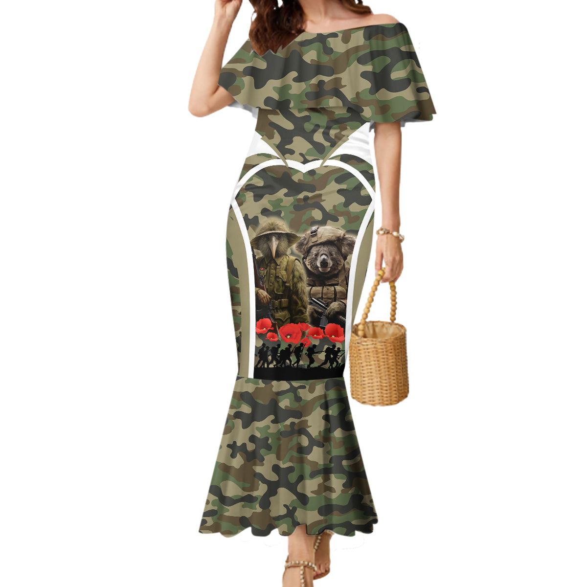 New Zealand and Australia ANZAC Day Mermaid Dress Koala and Kiwi Bird Soldier Gallipoli Camouflage Style LT03 Women Green - Polynesian Pride