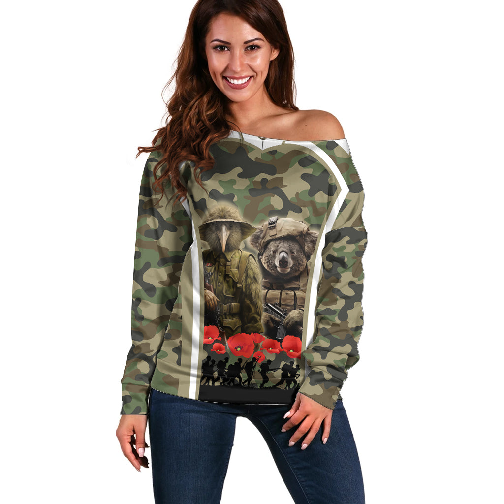 New Zealand and Australia ANZAC Day Off Shoulder Sweater Koala and Kiwi Bird Soldier Gallipoli Camouflage Style LT03 Women Green - Polynesian Pride