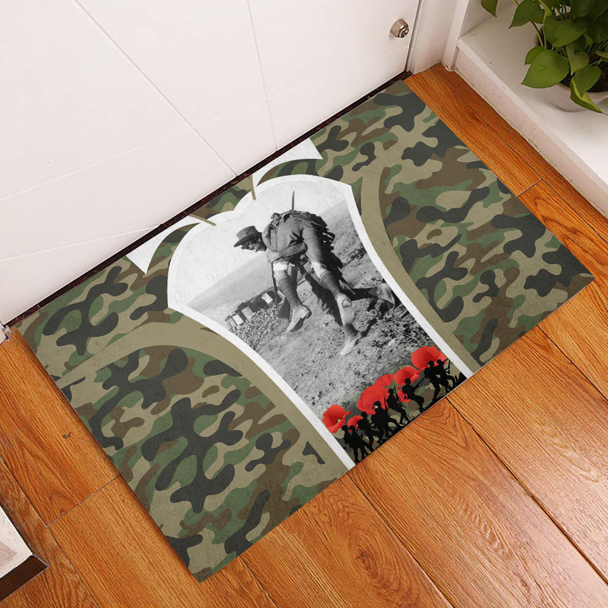 New Zealand and Australia ANZAC Day Rubber Doormat Koala and Kiwi Bird Soldier Gallipoli Camouflage Style LT03 Green - Polynesian Pride