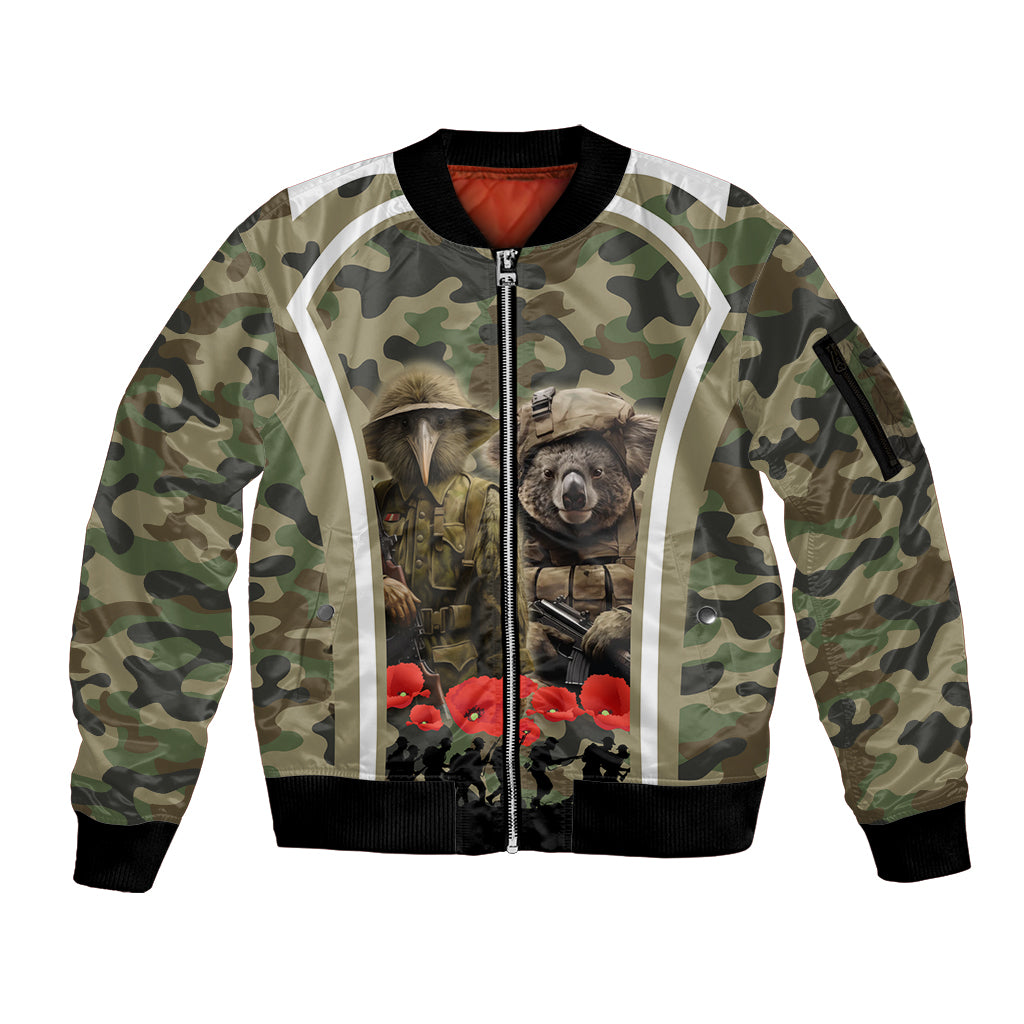 New Zealand and Australia ANZAC Day Sleeve Zip Bomber Jacket Koala and Kiwi Bird Soldier Gallipoli Camouflage Style LT03 Unisex Green - Polynesian Pride