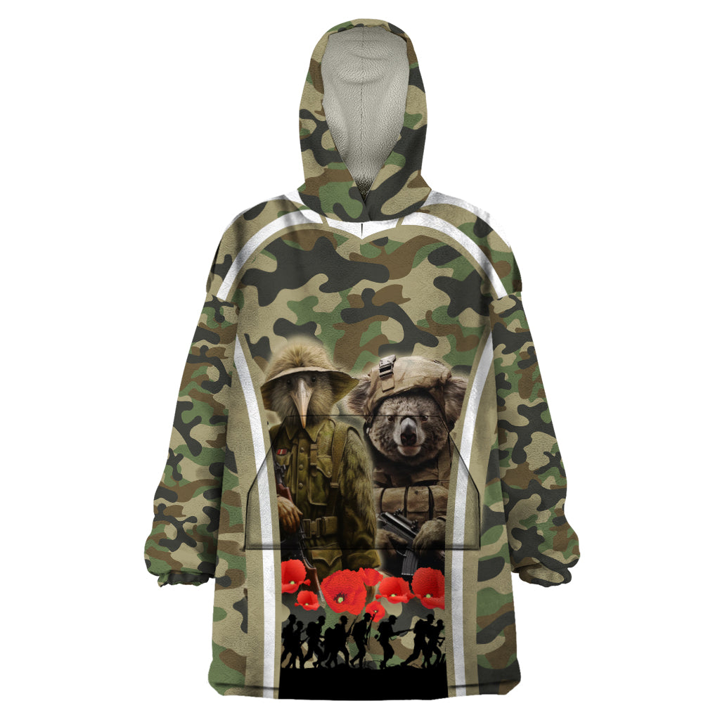 New Zealand and Australia ANZAC Day Wearable Blanket Hoodie Koala and Kiwi Bird Soldier Gallipoli Camouflage Style LT03 One Size Green - Polynesian Pride