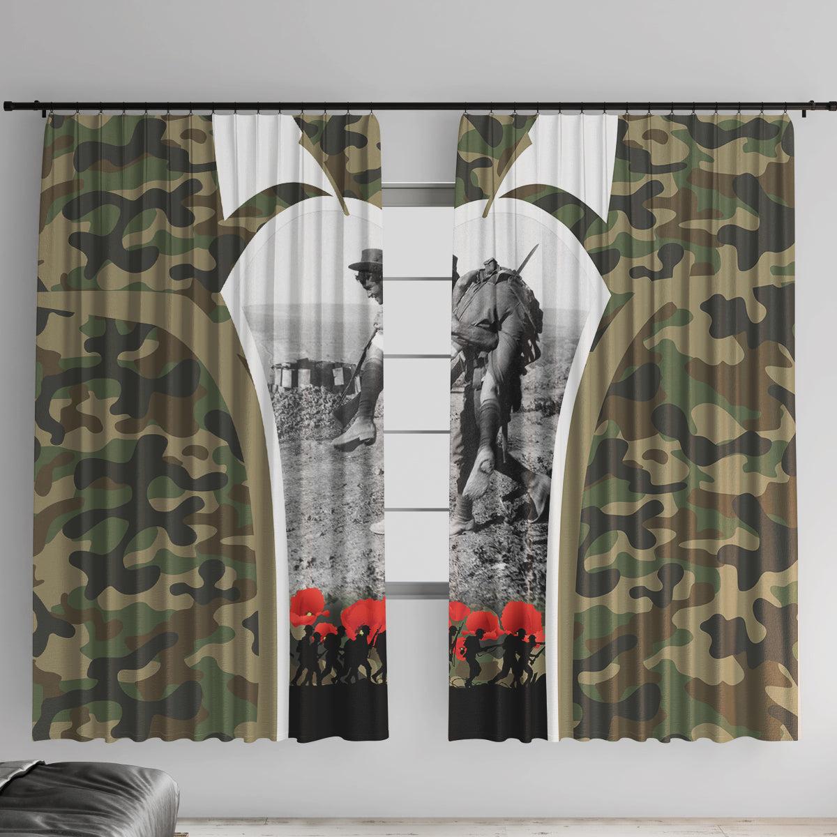 New Zealand and Australia ANZAC Day Window Curtain Koala and Kiwi Bird Soldier Gallipoli Camouflage Style LT03 With Hooks Green - Polynesian Pride