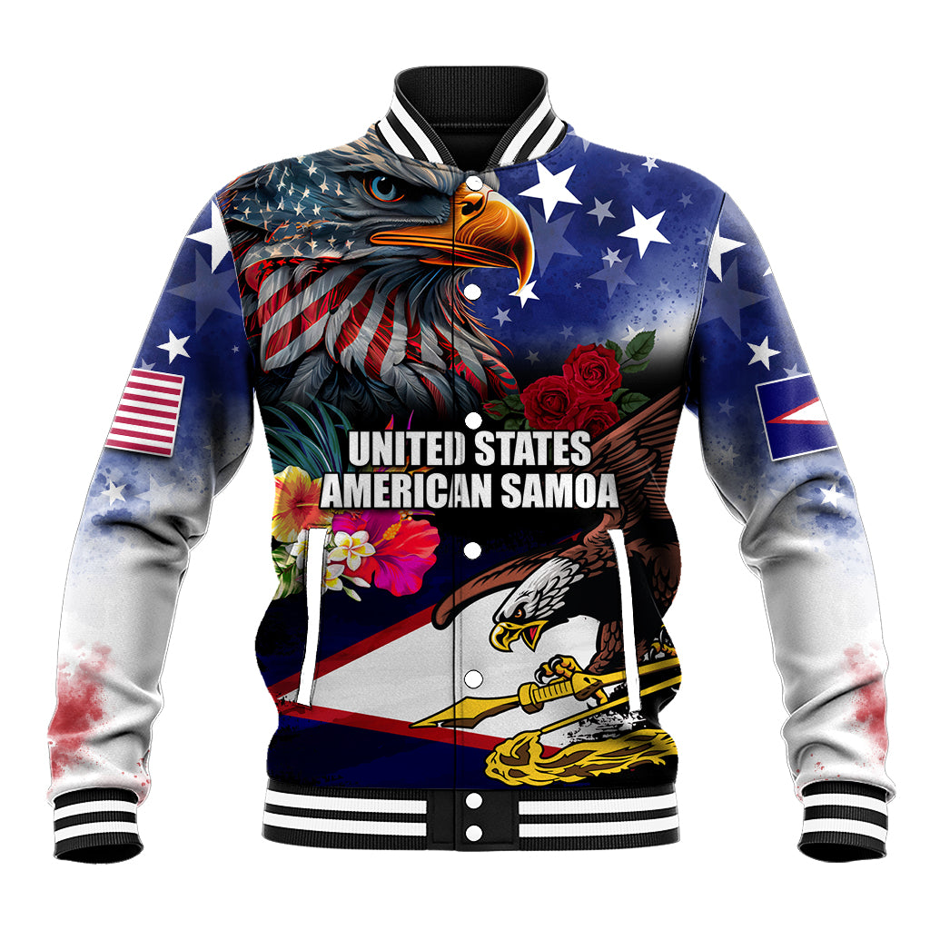 Personalised United States and American Samoa Baseball Jacket Bald Eagle Rose and Hibiscus Flower LT03 Unisex Blue - Polynesian Pride