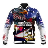 Personalised United States and American Samoa Baseball Jacket Bald Eagle Rose and Hibiscus Flower LT03 Unisex Blue - Polynesian Pride
