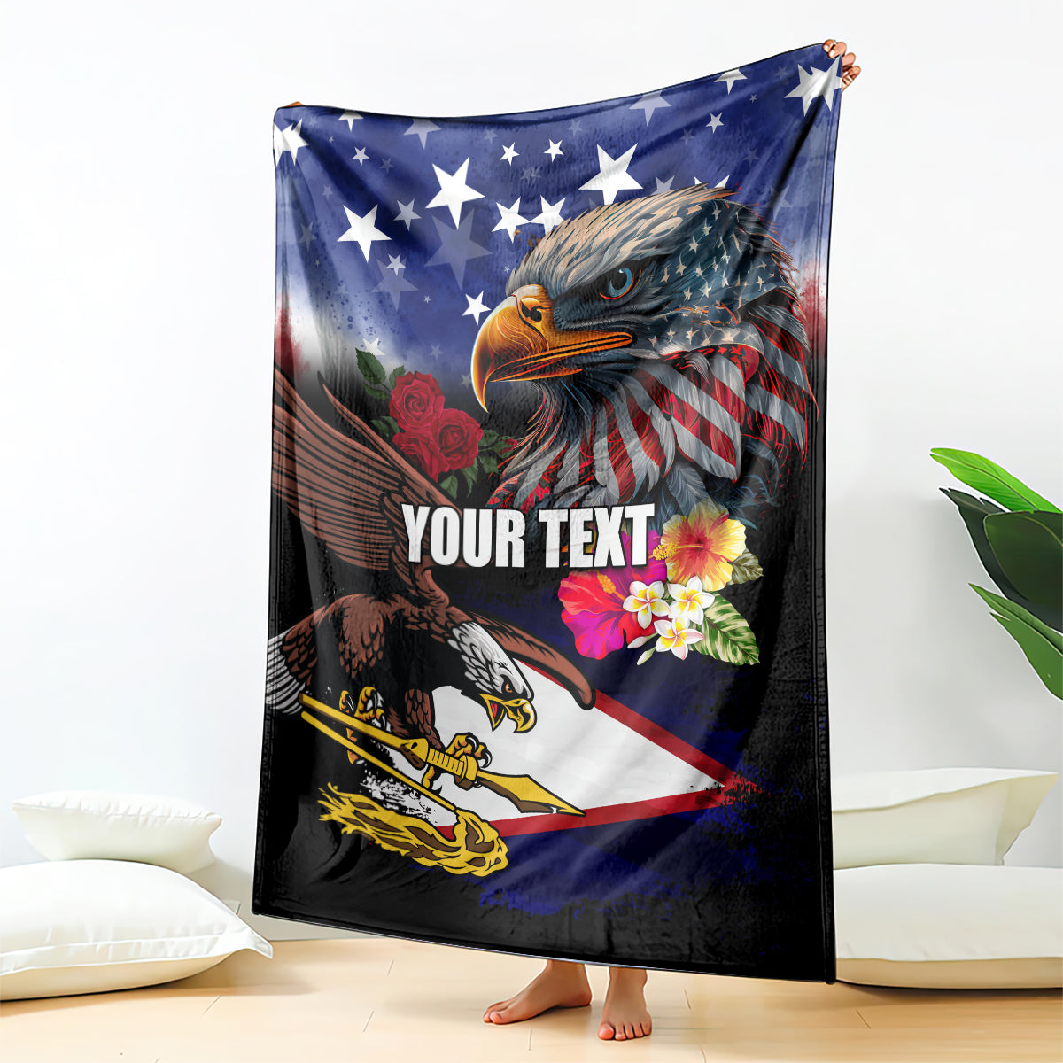 Personalised United States and American Samoa Blanket Bald Eagle Rose and Hibiscus Flower LT03 - Polynesian Pride