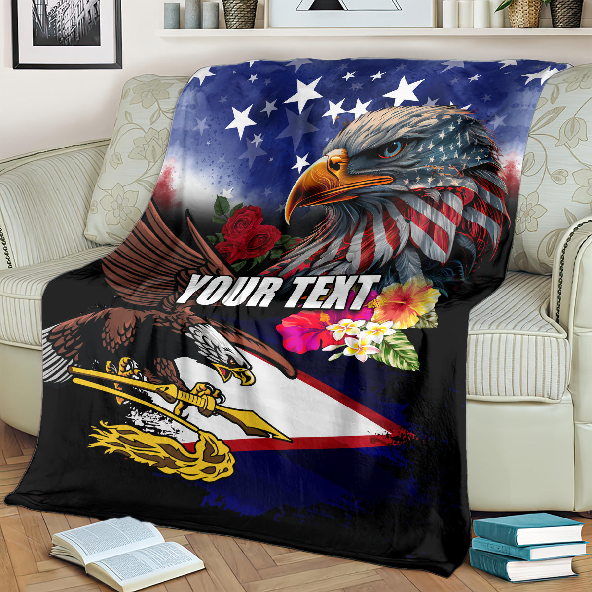 Personalised United States and American Samoa Blanket Bald Eagle Rose and Hibiscus Flower LT03 - Polynesian Pride