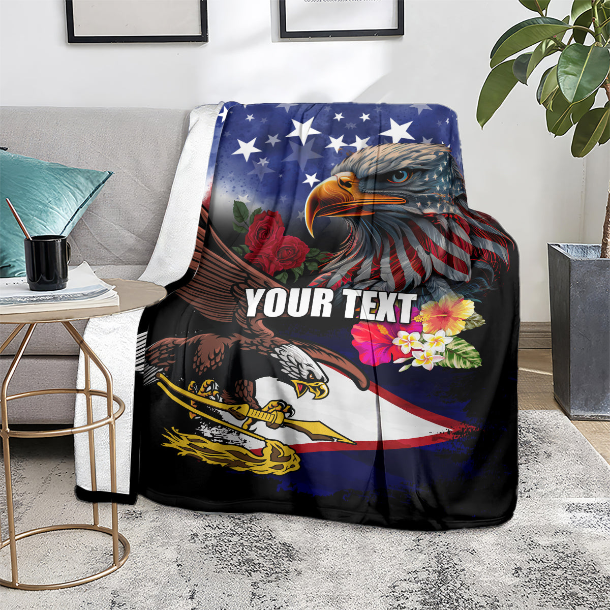 Personalised United States and American Samoa Blanket Bald Eagle Rose and Hibiscus Flower LT03 - Polynesian Pride