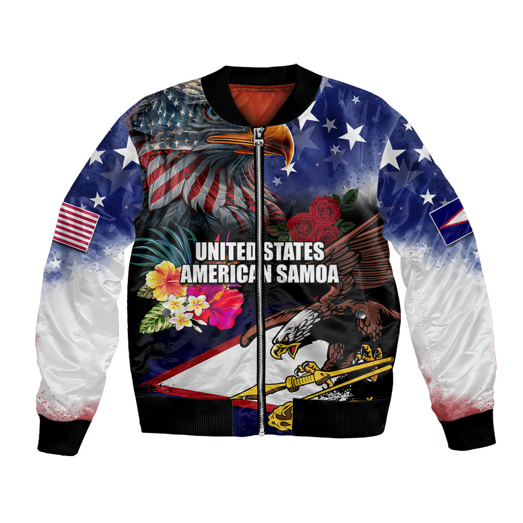 Personalised United States and American Samoa Bomber Jacket Bald Eagle Rose and Hibiscus Flower LT03 Unisex Blue - Polynesian Pride