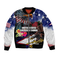 Personalised United States and American Samoa Bomber Jacket Bald Eagle Rose and Hibiscus Flower LT03 Unisex Blue - Polynesian Pride