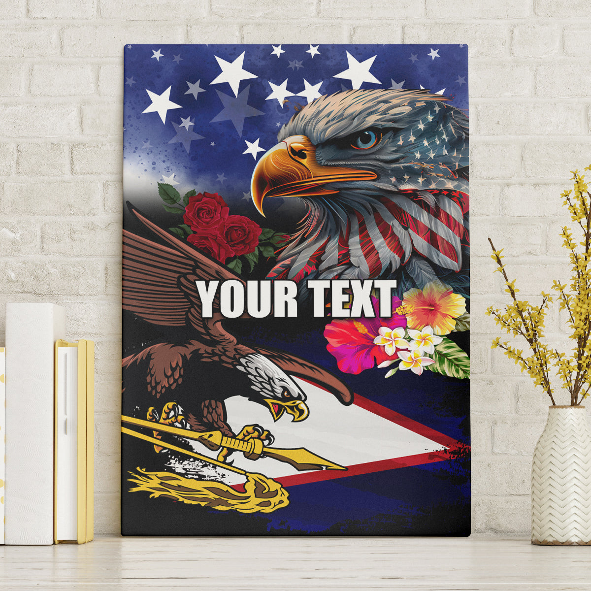 Personalised United States and American Samoa Canvas Wall Art Bald Eagle Rose and Hibiscus Flower LT03 Without Frame Blue - Polynesian Pride
