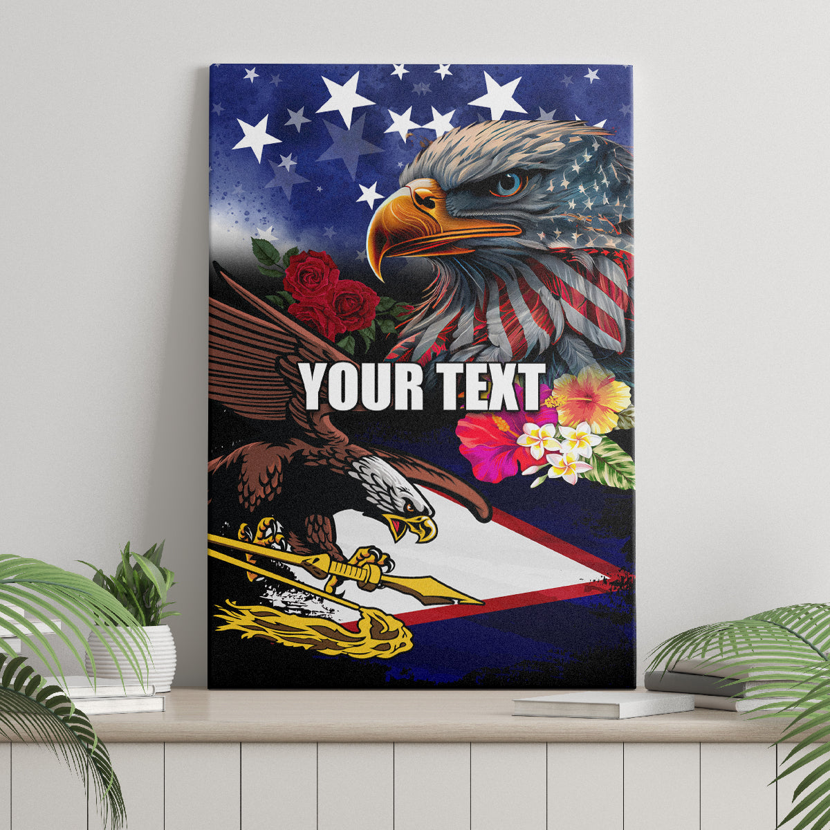 Personalised United States and American Samoa Canvas Wall Art Bald Eagle Rose and Hibiscus Flower LT03 - Polynesian Pride