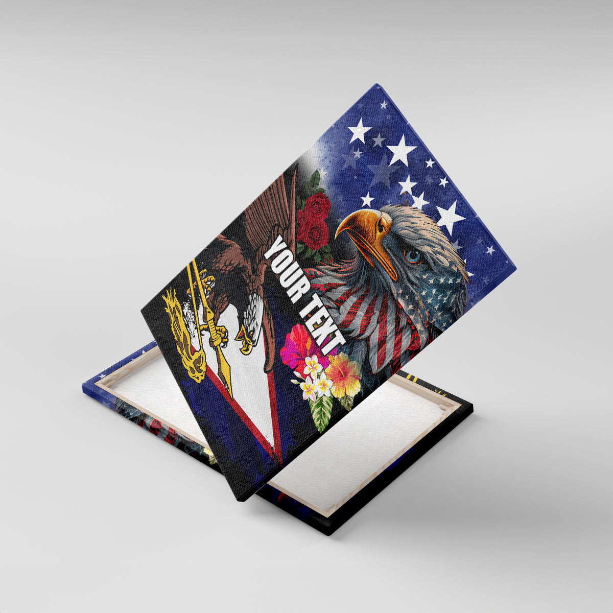 Personalised United States and American Samoa Canvas Wall Art Bald Eagle Rose and Hibiscus Flower LT03 With Frame Blue - Polynesian Pride