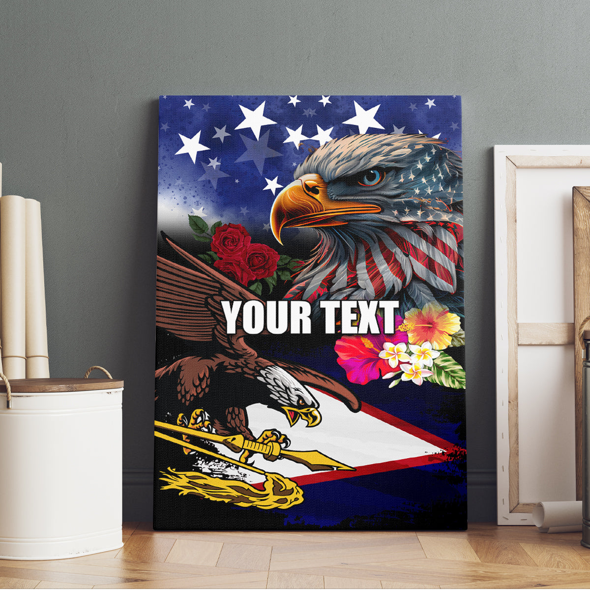 Personalised United States and American Samoa Canvas Wall Art Bald Eagle Rose and Hibiscus Flower LT03 - Polynesian Pride