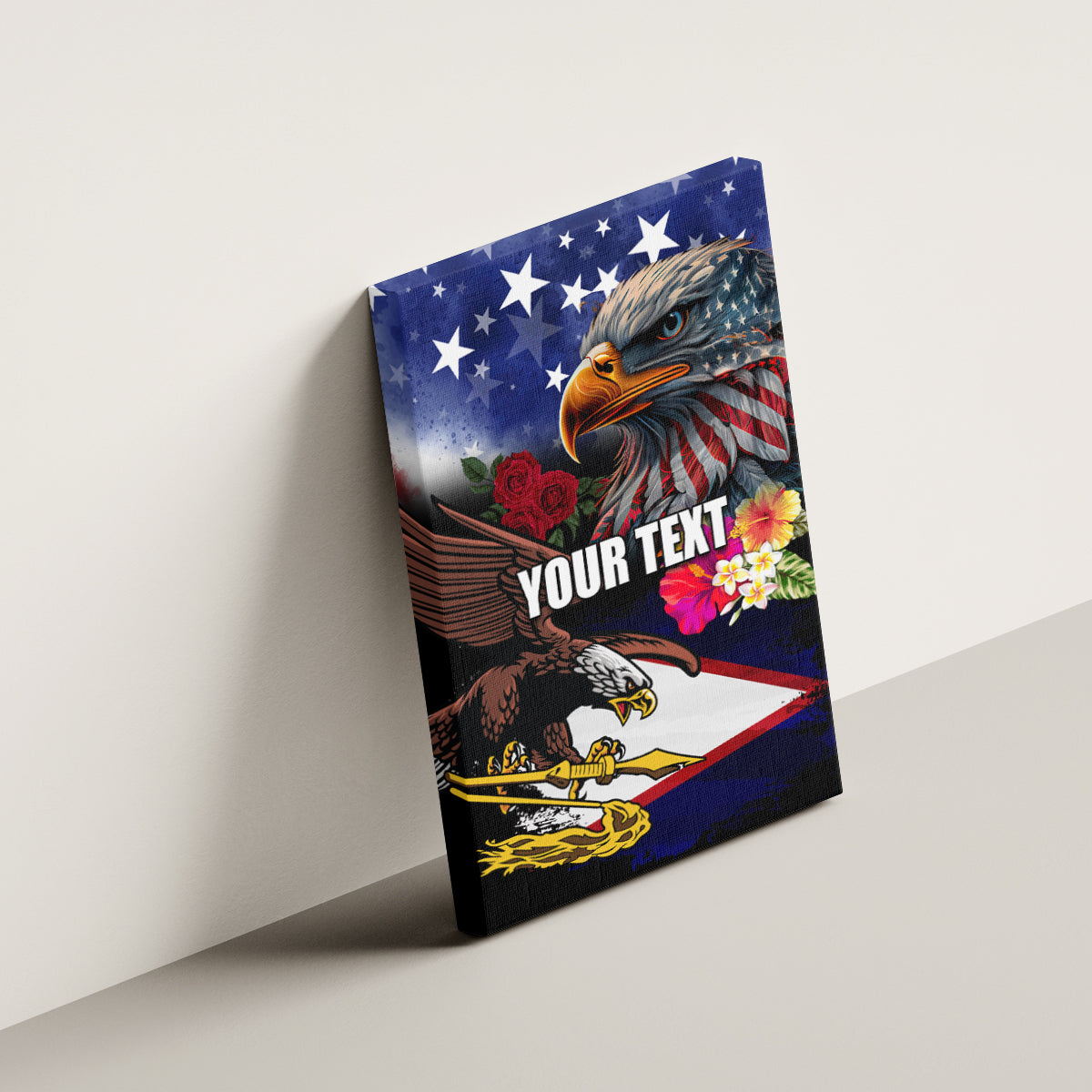 Personalised United States and American Samoa Canvas Wall Art Bald Eagle Rose and Hibiscus Flower LT03 - Polynesian Pride
