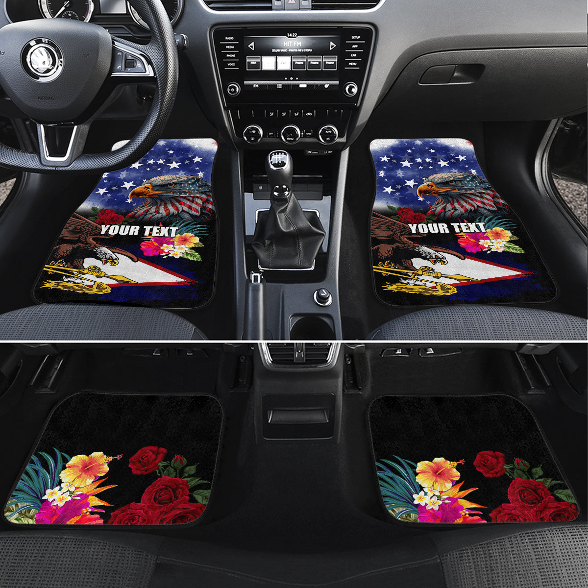 Personalised United States and American Samoa Car Mats Bald Eagle Rose and Hibiscus Flower LT03 Set 4pcs Blue - Polynesian Pride