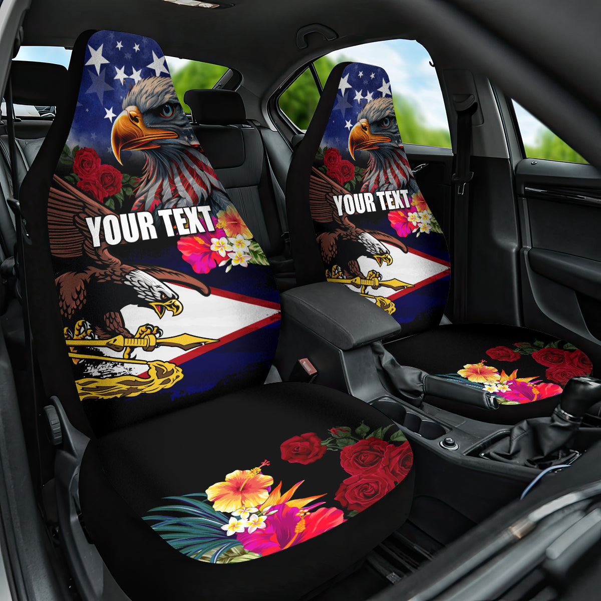 Personalised United States and American Samoa Car Seat Cover Bald Eagle Rose and Hibiscus Flower