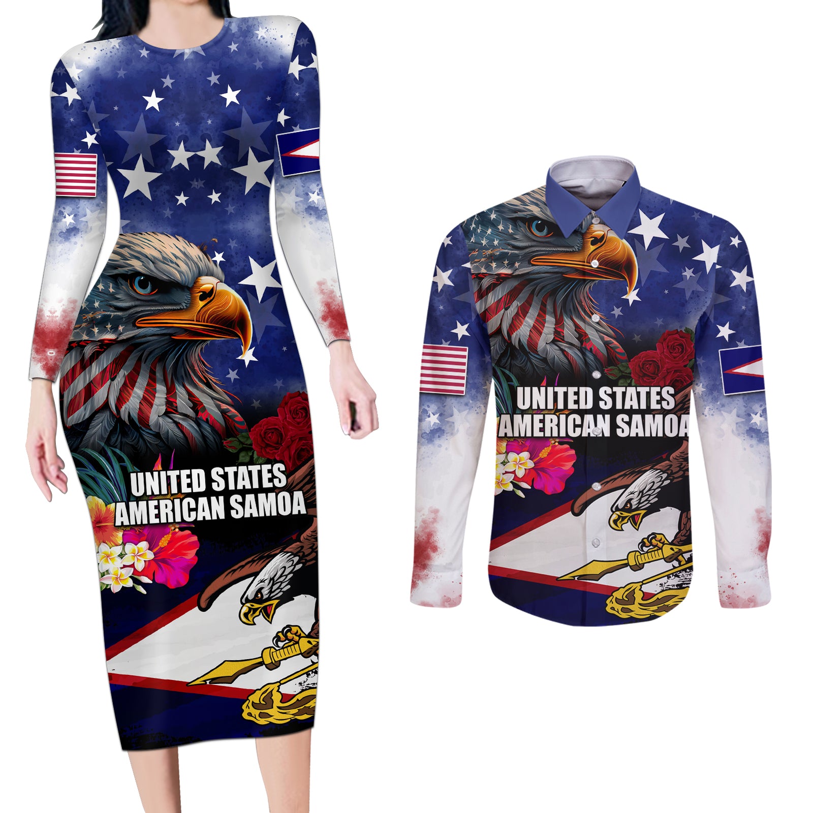 Personalised United States and American Samoa Couples Matching Long Sleeve Bodycon Dress and Long Sleeve Button Shirt Bald Eagle Rose and Hibiscus Flower LT03 Blue - Polynesian Pride
