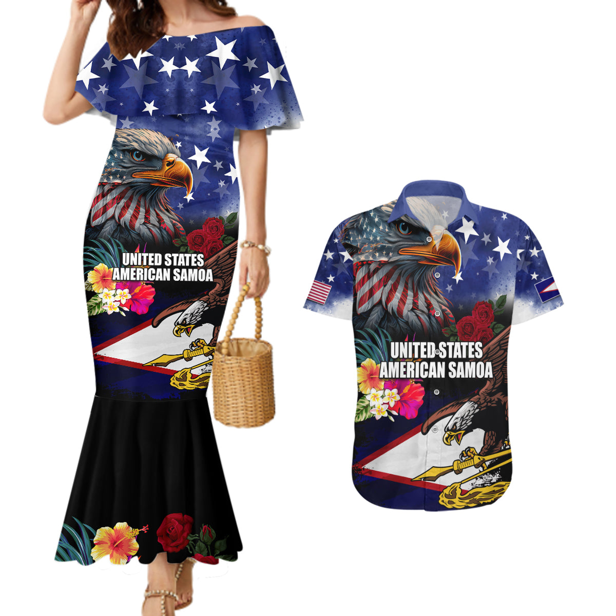 United States and American Samoa Couples Matching Mermaid Dress and Hawaiian Shirt Bald Eagle Rose and Hibiscus Flower