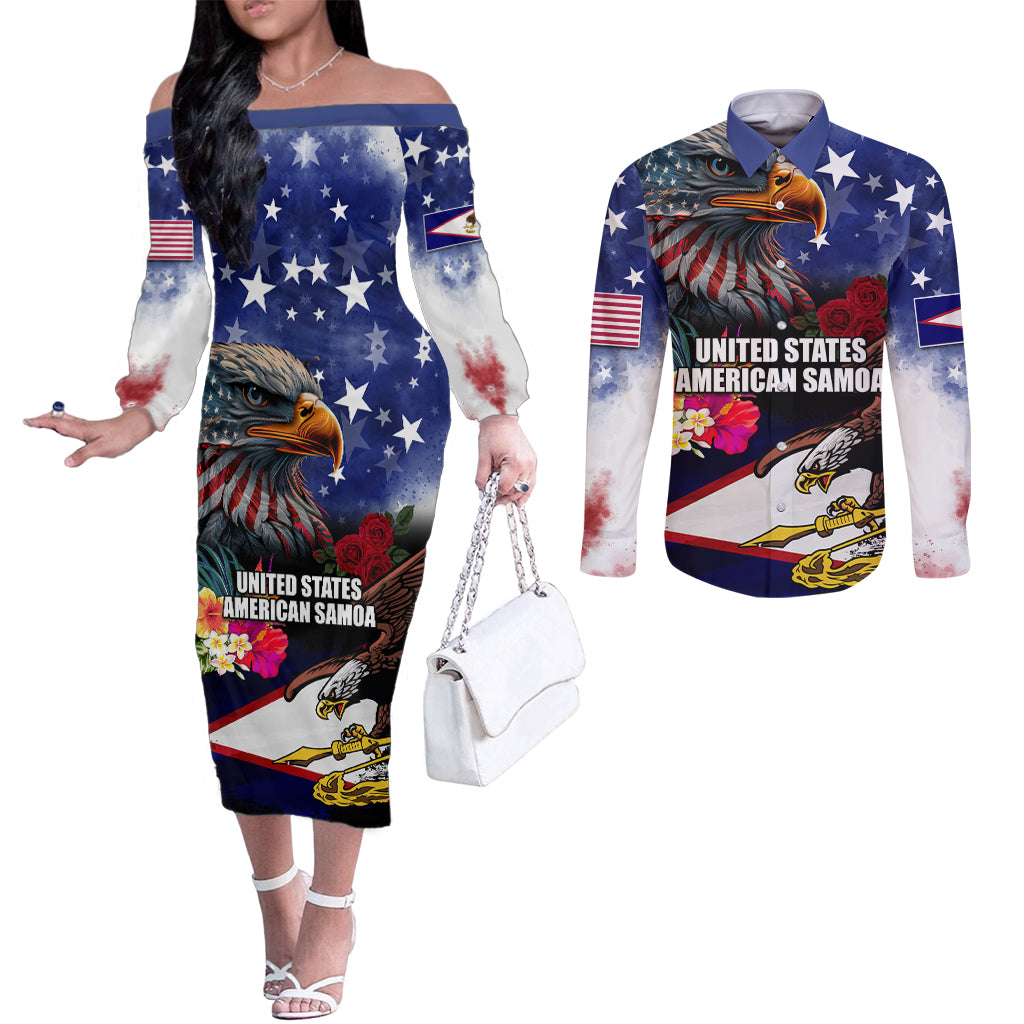 United States and American Samoa Couples Matching Off The Shoulder Long Sleeve Dress and Long Sleeve Button Shirt Bald Eagle Rose and Hibiscus Flower