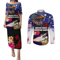 Personalised United States and American Samoa Couples Matching Puletasi and Long Sleeve Button Shirt Bald Eagle Rose and Hibiscus Flower LT03 Blue - Polynesian Pride