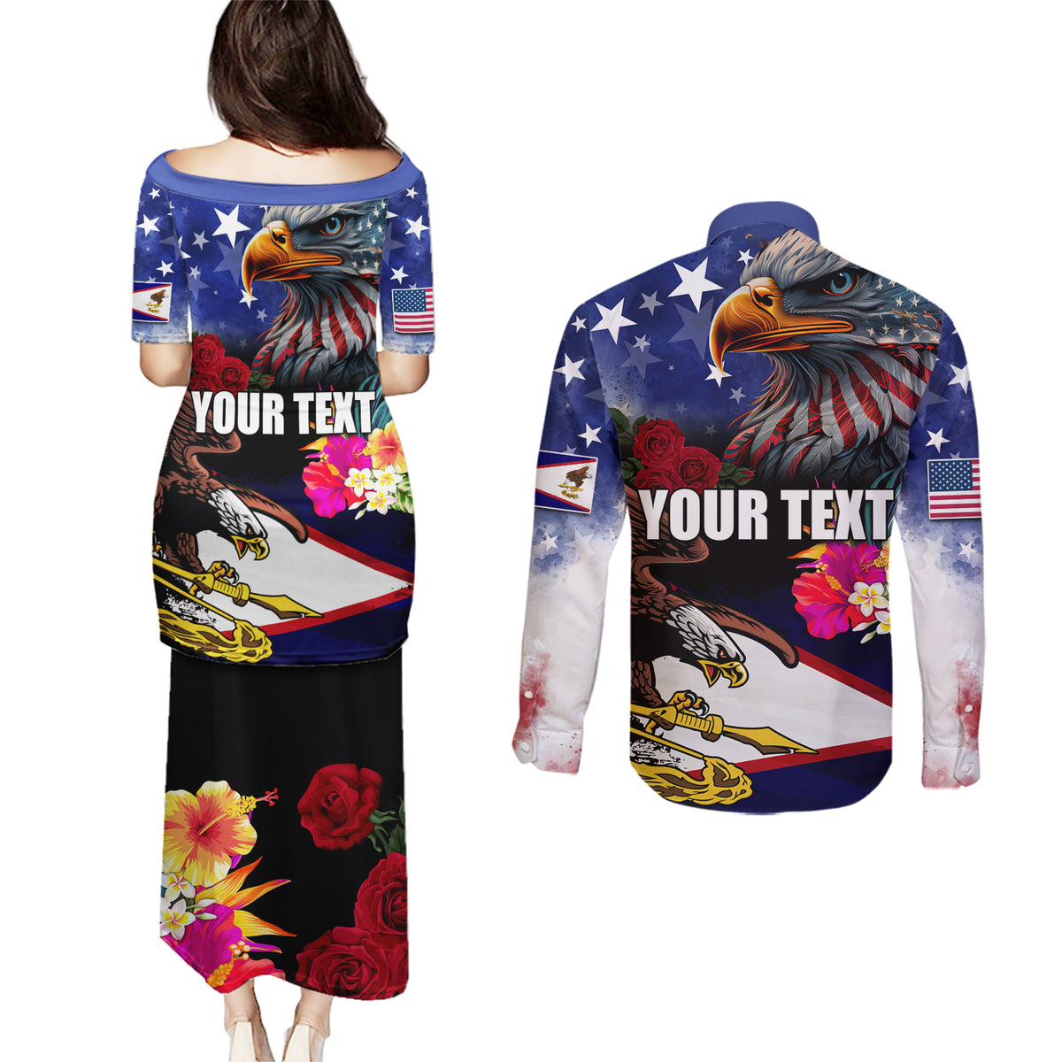 Personalised United States and American Samoa Couples Matching Puletasi and Long Sleeve Button Shirt Bald Eagle Rose and Hibiscus Flower LT03 - Polynesian Pride
