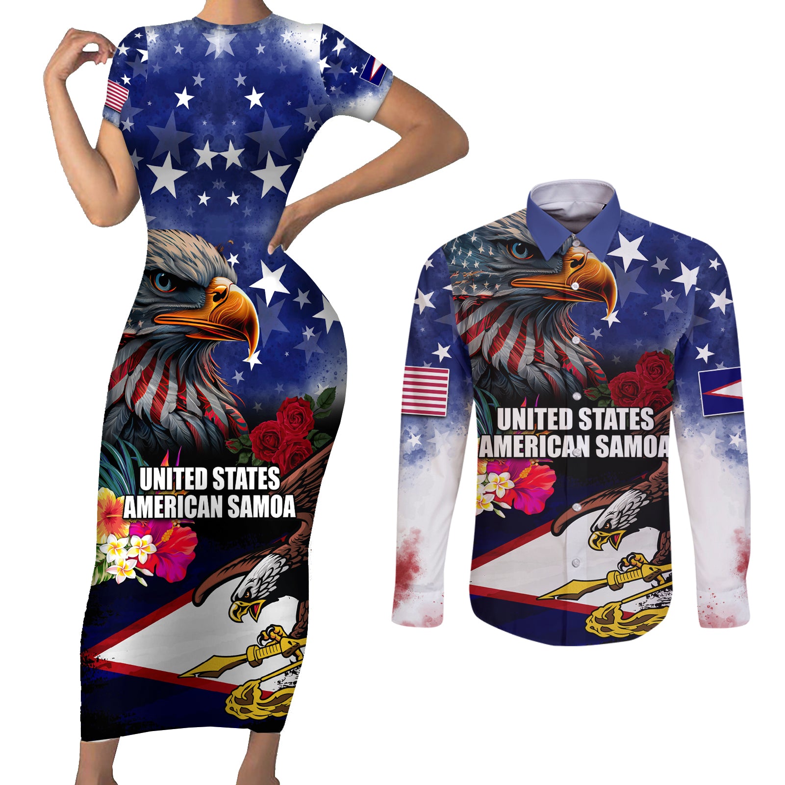 United States and American Samoa Couples Matching Short Sleeve Bodycon Dress and Long Sleeve Button Shirt Bald Eagle Rose and Hibiscus Flower