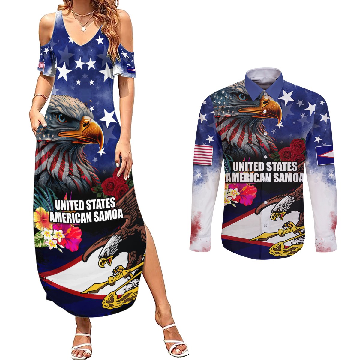 Personalised United States and American Samoa Couples Matching Summer Maxi Dress and Long Sleeve Button Shirt Bald Eagle Rose and Hibiscus Flower LT03 Blue - Polynesian Pride