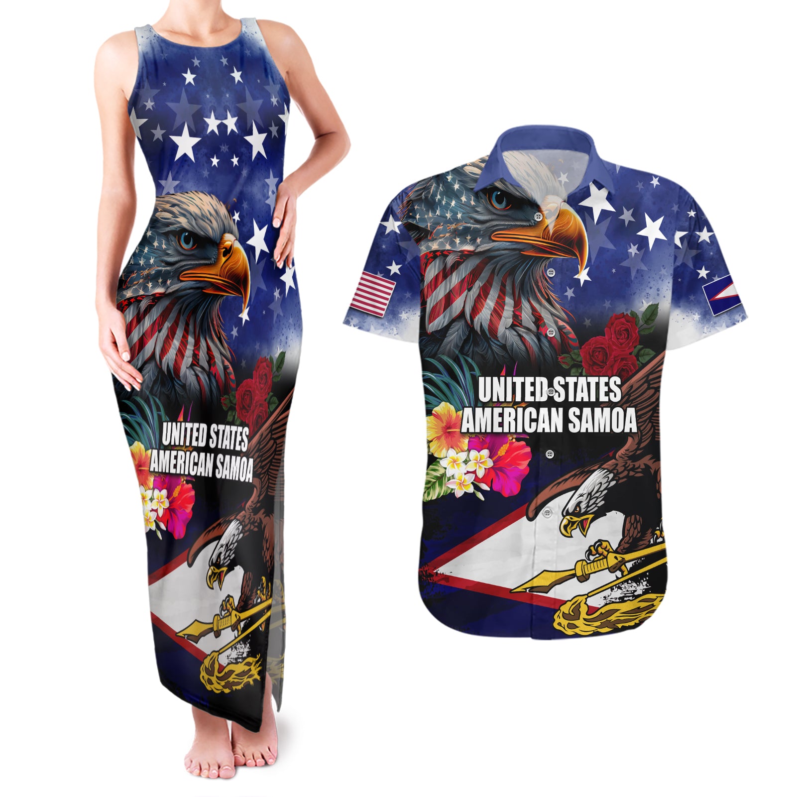 United States and American Samoa Couples Matching Tank Maxi Dress and Hawaiian Shirt Bald Eagle Rose and Hibiscus Flower