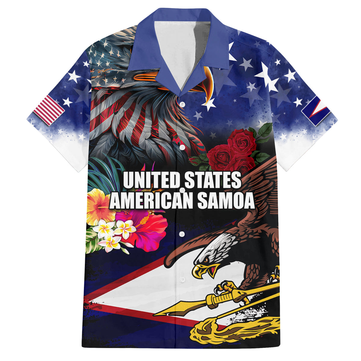 United States and American Samoa Family Matching Long Sleeve Bodycon Dress and Hawaiian Shirt Bald Eagle Rose and Hibiscus Flower