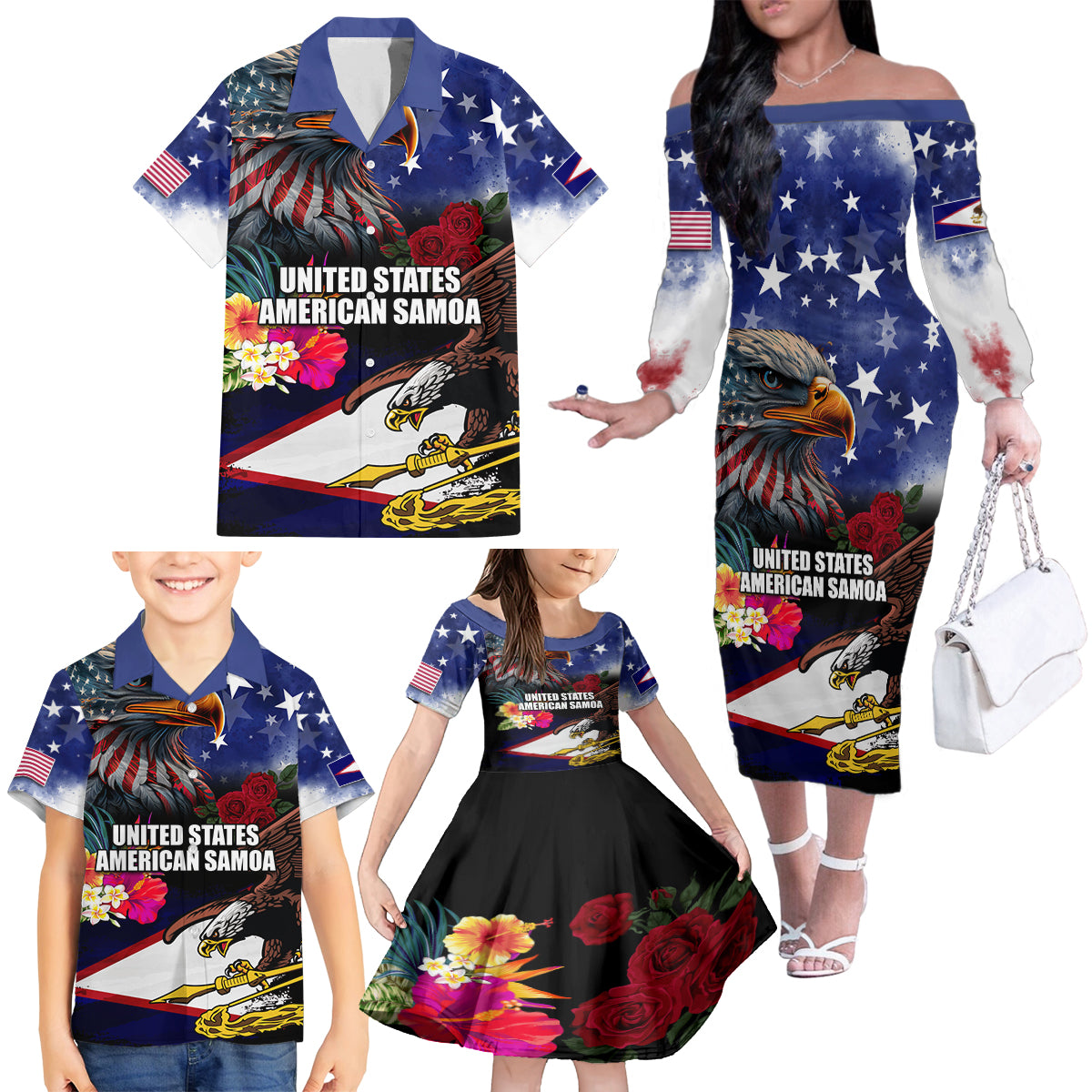 United States and American Samoa Family Matching Off The Shoulder Long Sleeve Dress and Hawaiian Shirt Bald Eagle Rose and Hibiscus Flower