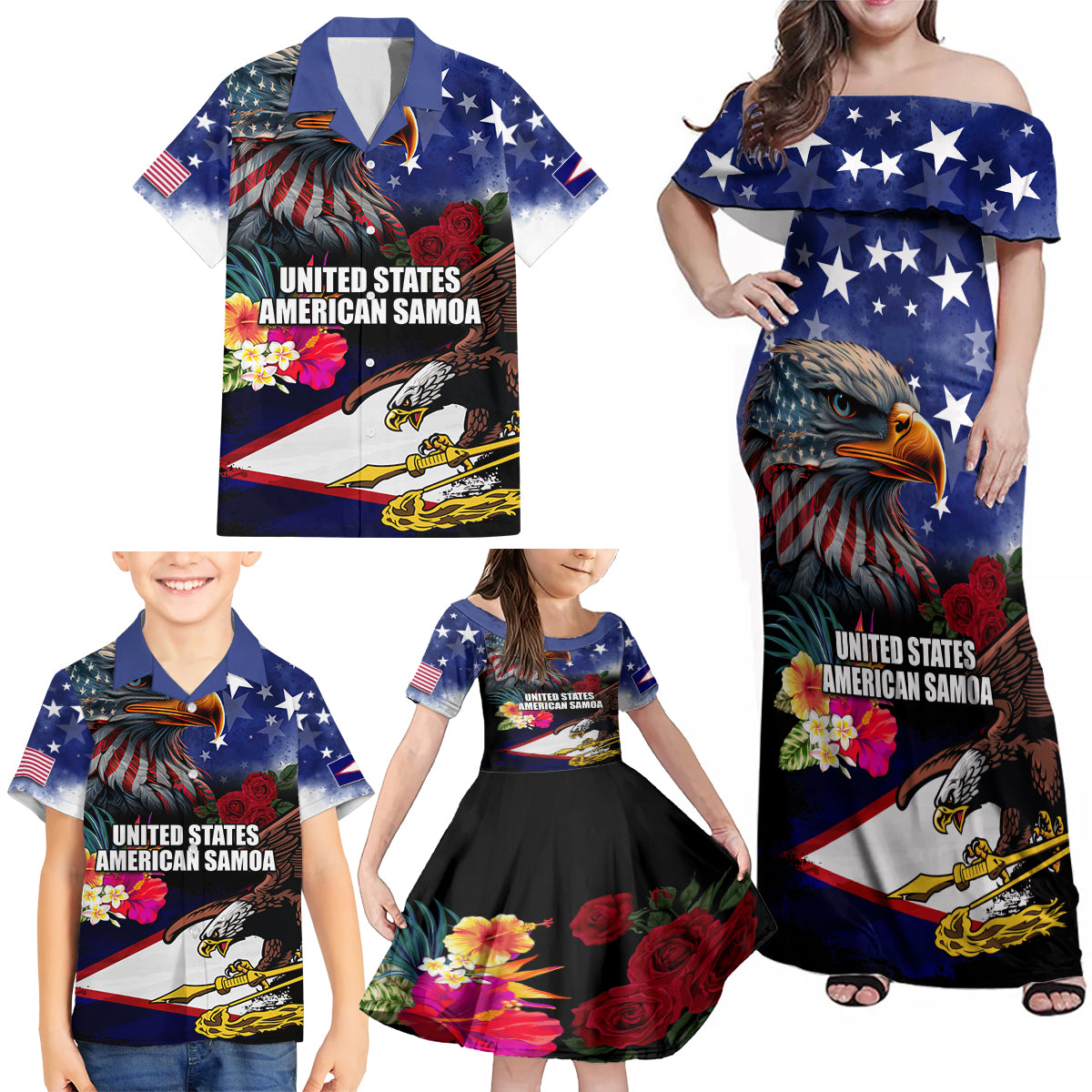 United States and American Samoa Family Matching Off Shoulder Maxi Dress and Hawaiian Shirt Bald Eagle Rose and Hibiscus Flower