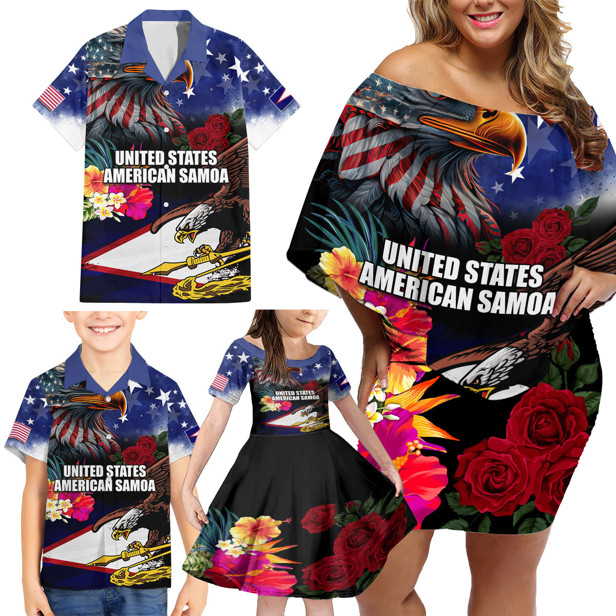 United States and American Samoa Family Matching Off Shoulder Short Dress and Hawaiian Shirt Bald Eagle Rose and Hibiscus Flower