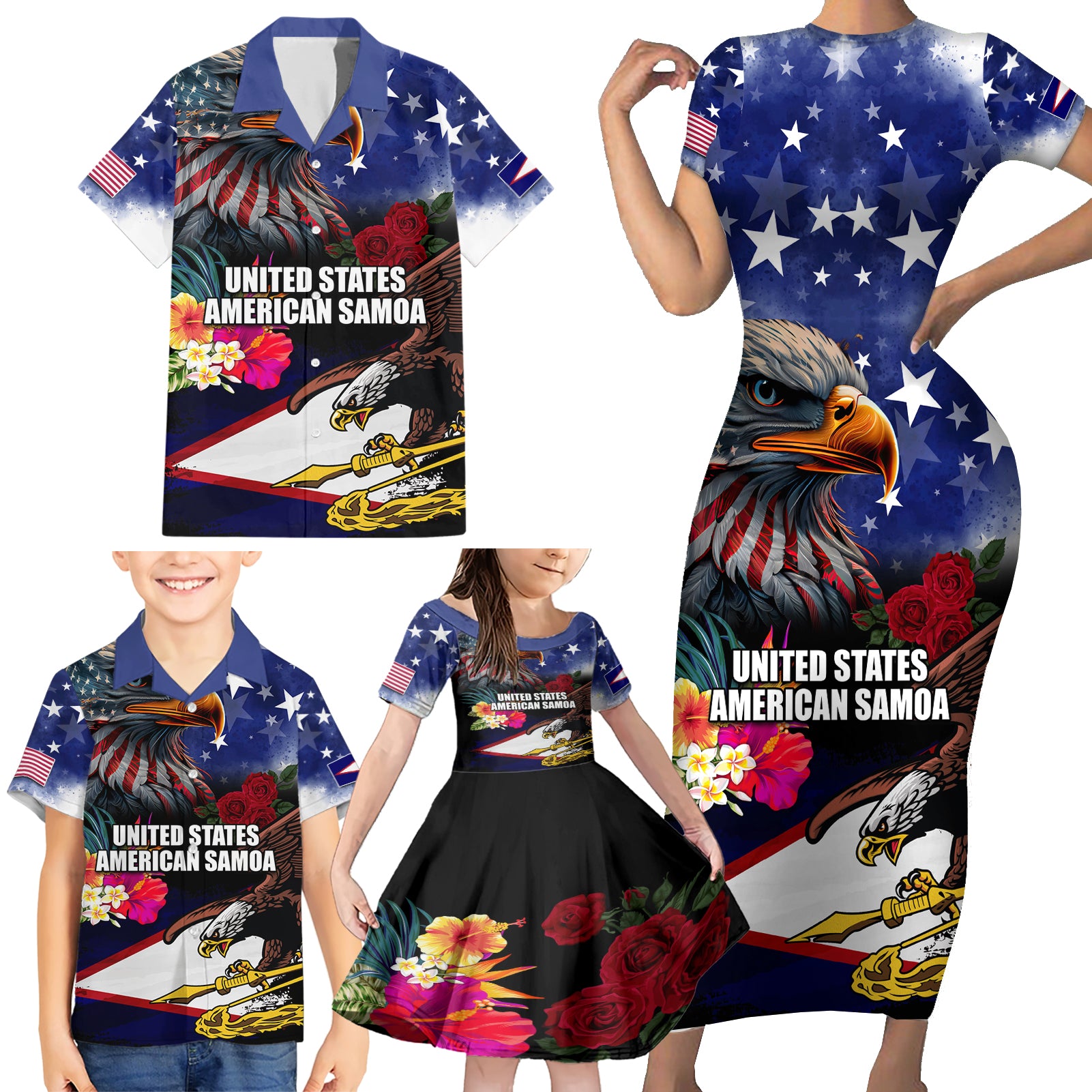 United States and American Samoa Family Matching Short Sleeve Bodycon Dress and Hawaiian Shirt Bald Eagle Rose and Hibiscus Flower