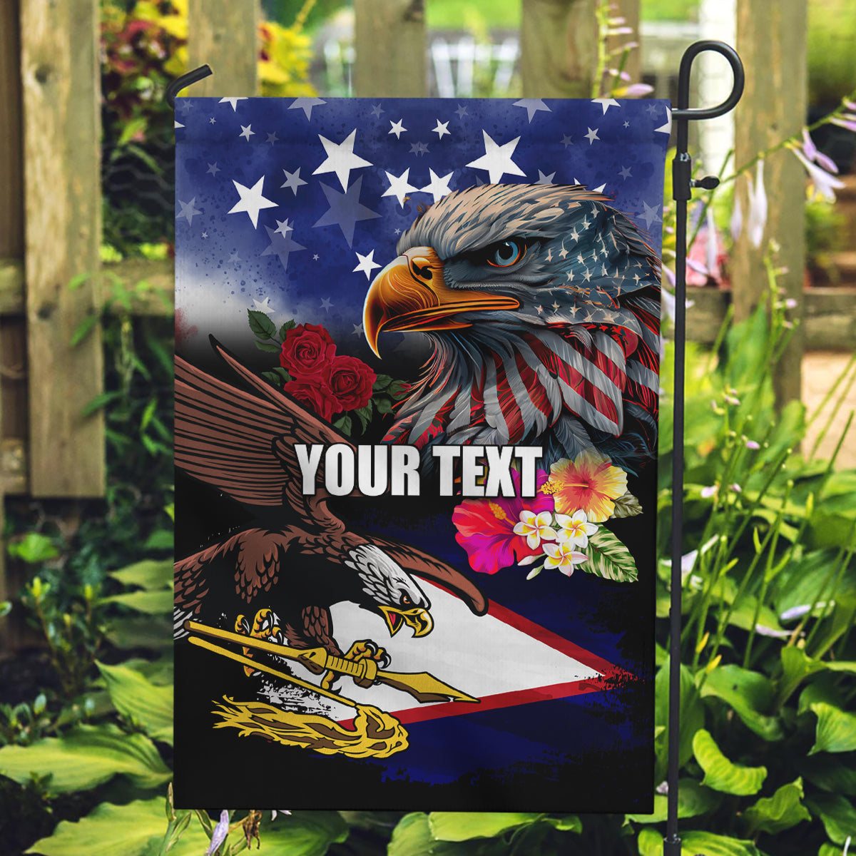 Personalised United States and American Samoa Garden Flag Bald Eagle Rose and Hibiscus Flower