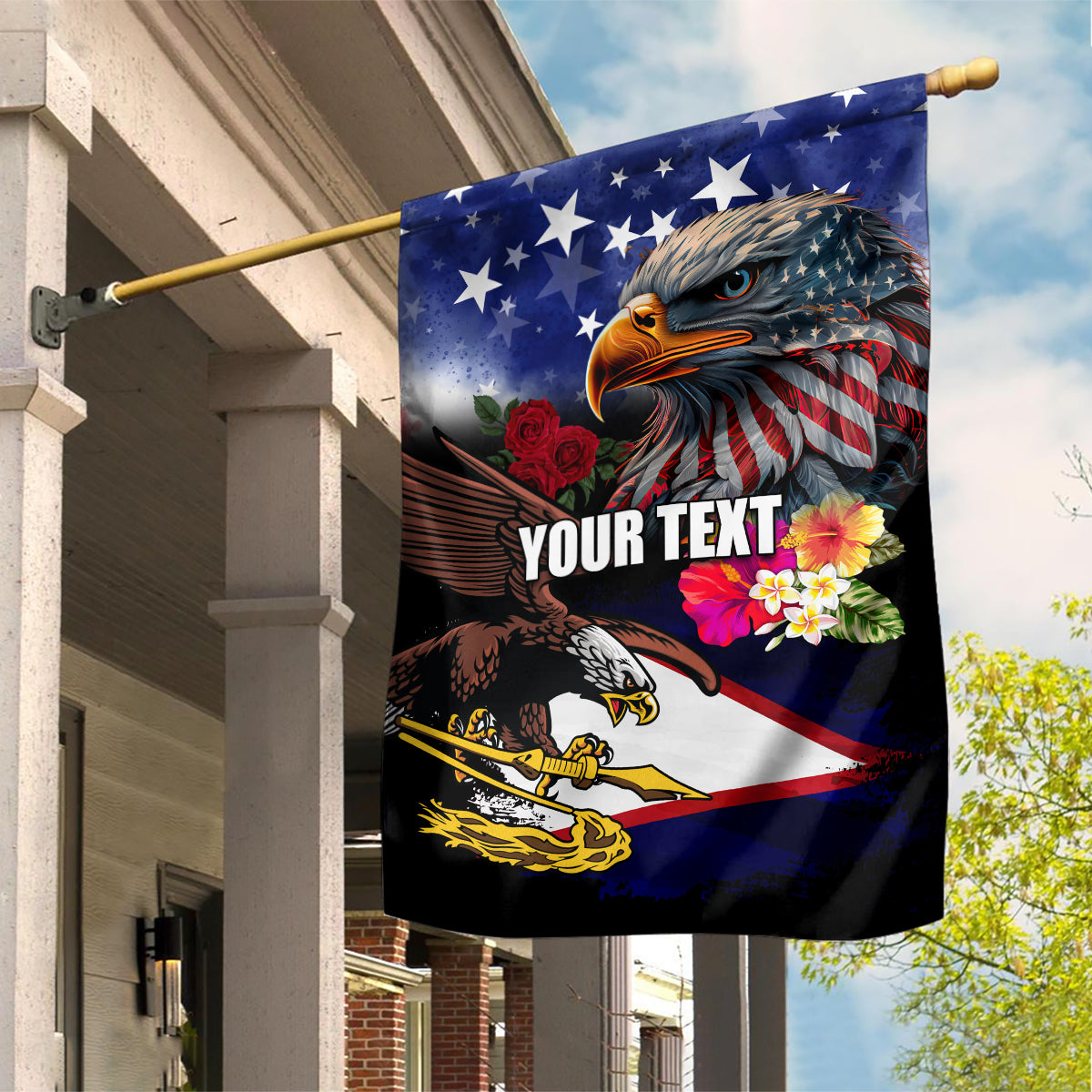 Personalised United States and American Samoa Garden Flag Bald Eagle Rose and Hibiscus Flower LT03 House Flag Blue - Polynesian Pride