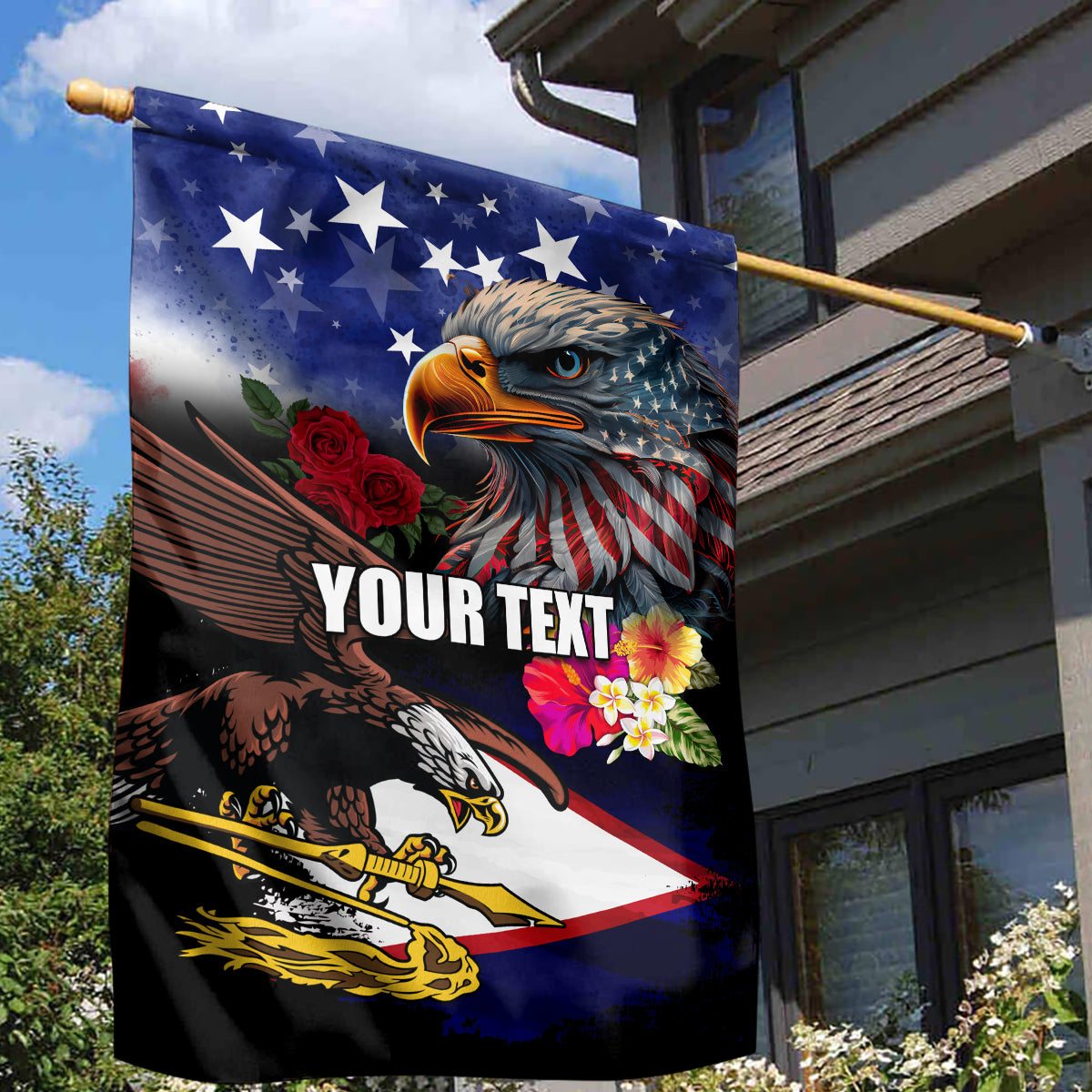 Personalised United States and American Samoa Garden Flag Bald Eagle Rose and Hibiscus Flower LT03 - Polynesian Pride