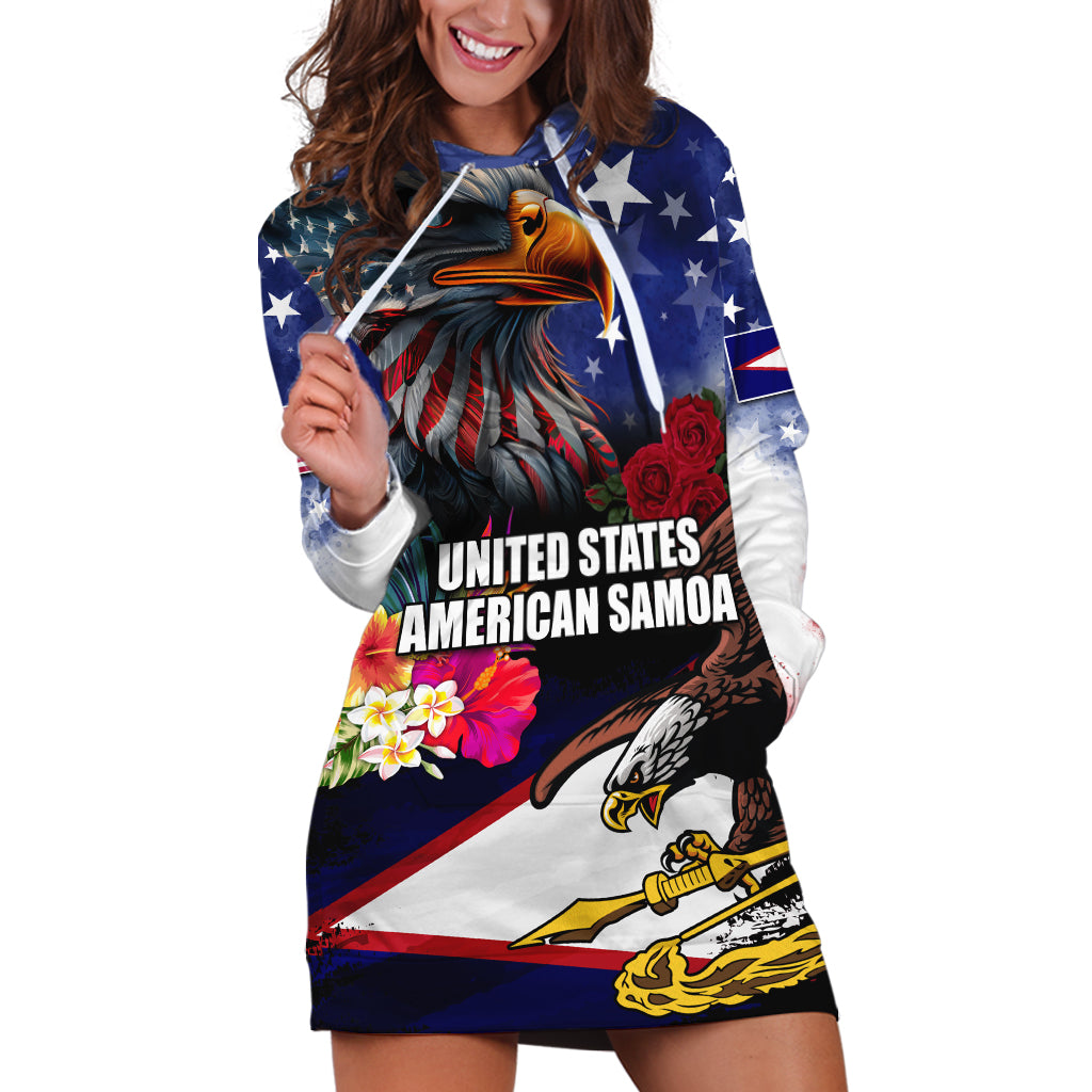 Personalised United States and American Samoa Hoodie Dress Bald Eagle Rose and Hibiscus Flower LT03 Blue - Polynesian Pride