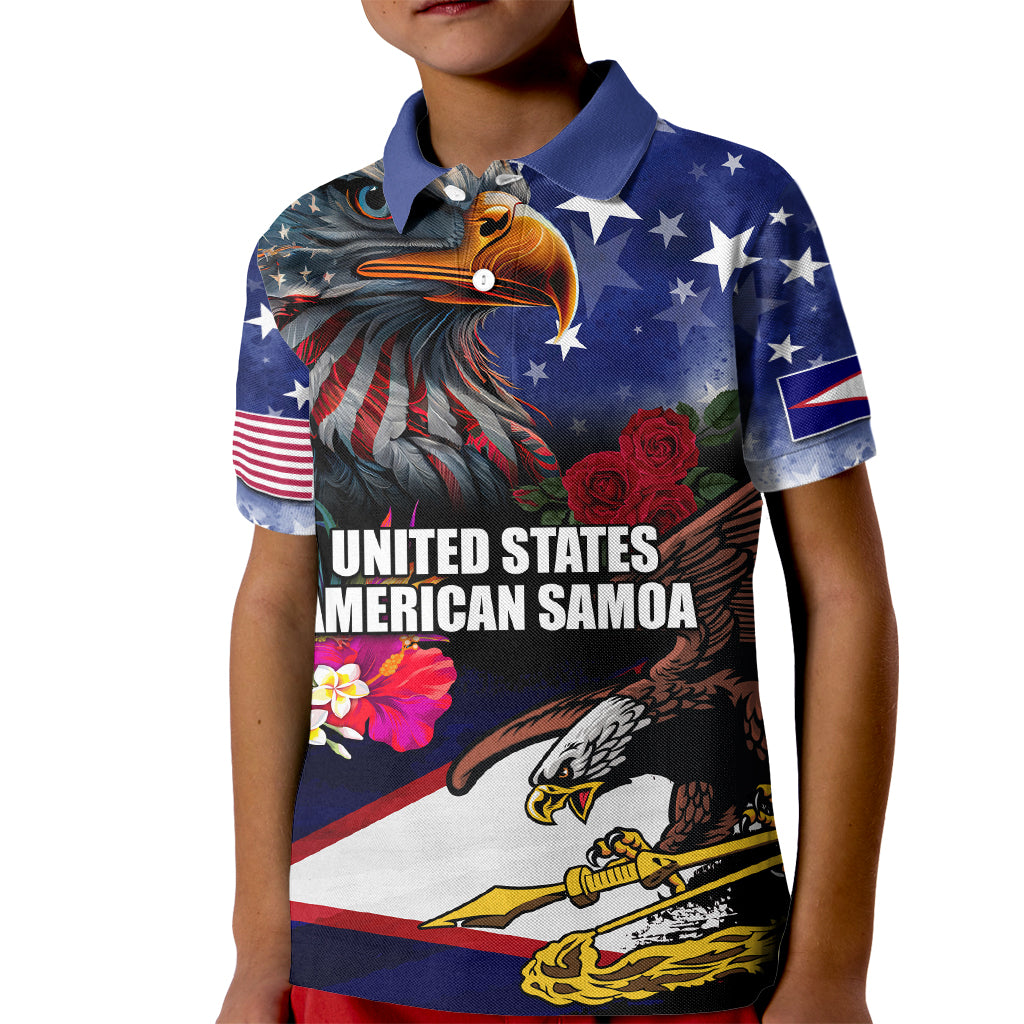 United States and American Samoa Kid Polo Shirt Bald Eagle Rose and Hibiscus Flower