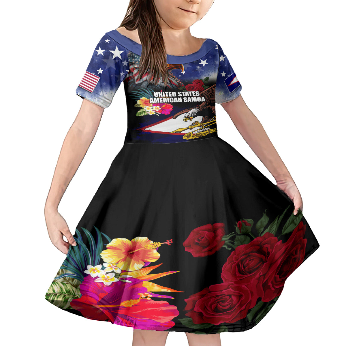 Personalised United States and American Samoa Kid Short Sleeve Dress Bald Eagle Rose and Hibiscus Flower LT03 KID Blue - Polynesian Pride